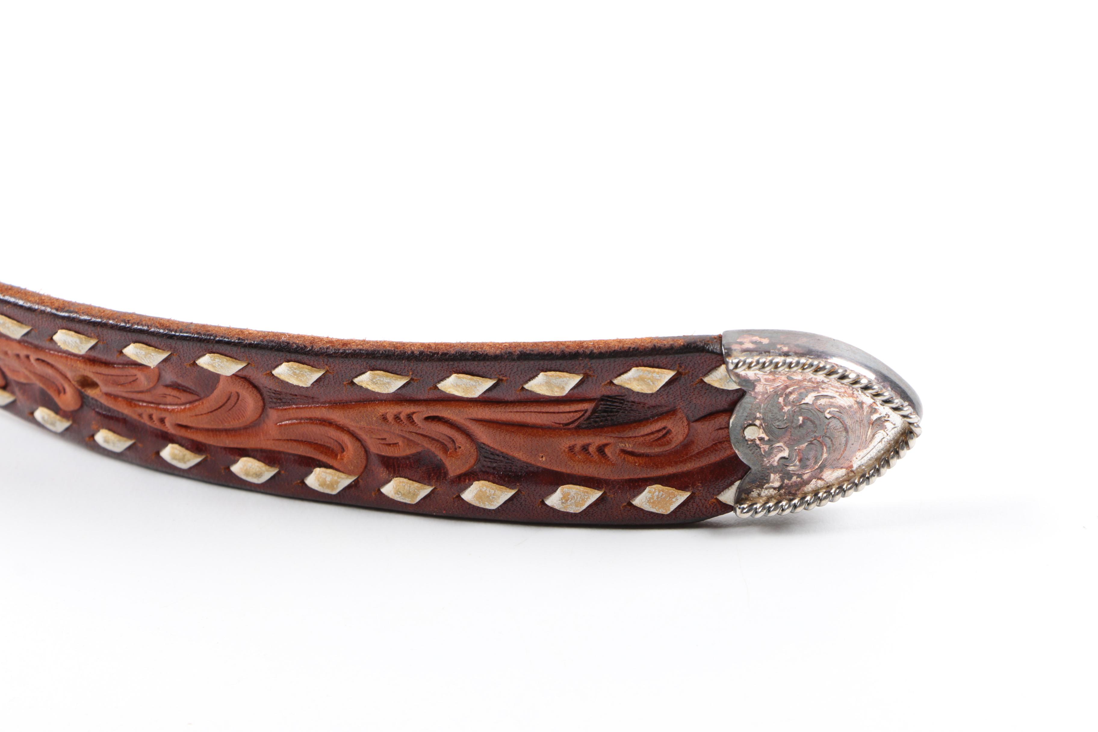 Vintage Leather Belt with Hand Tooled Accents and Abalone Inlaid Buckle