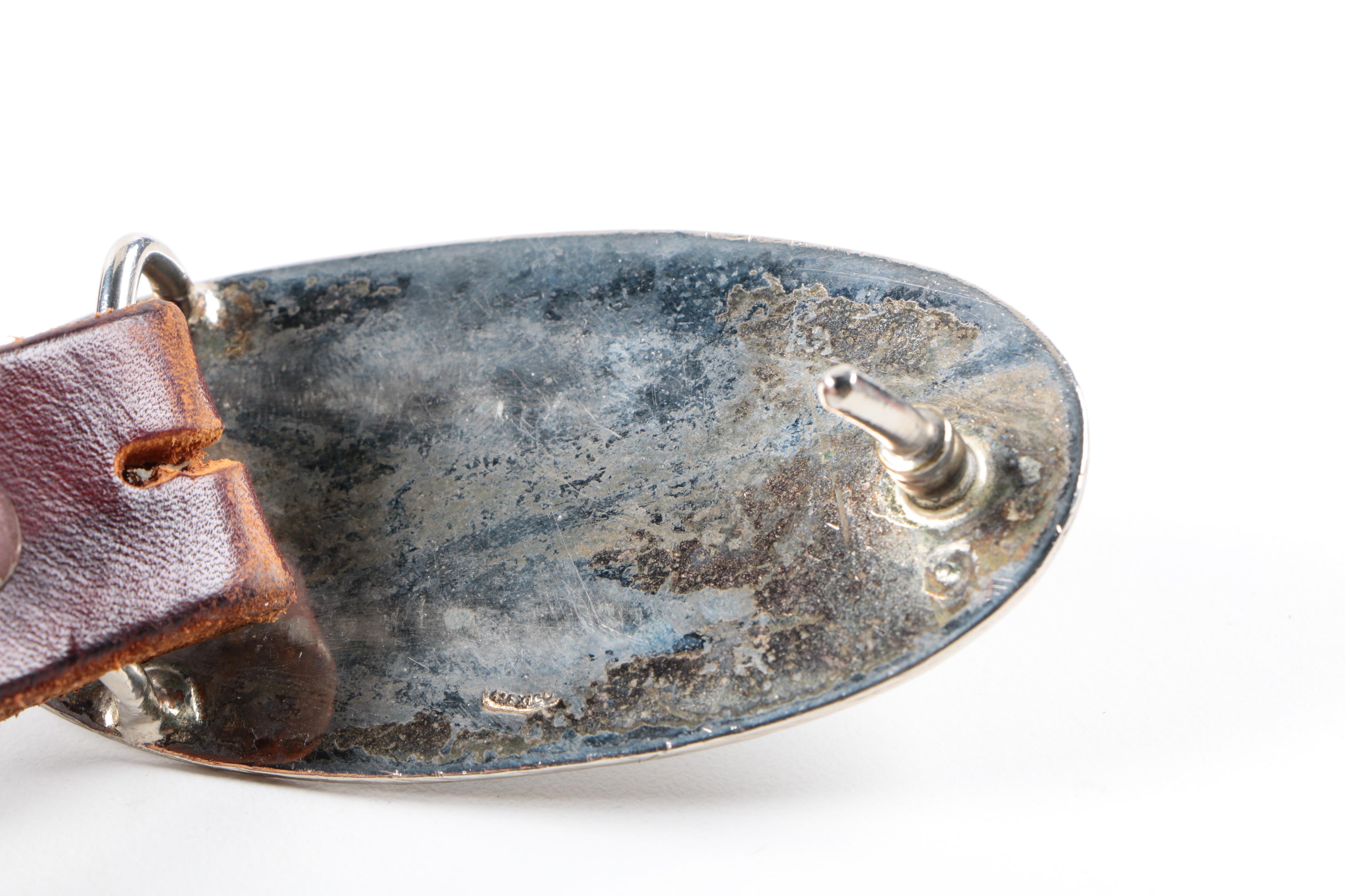 Vintage Leather Belt with Hand Tooled Accents and Abalone Inlaid Buckle