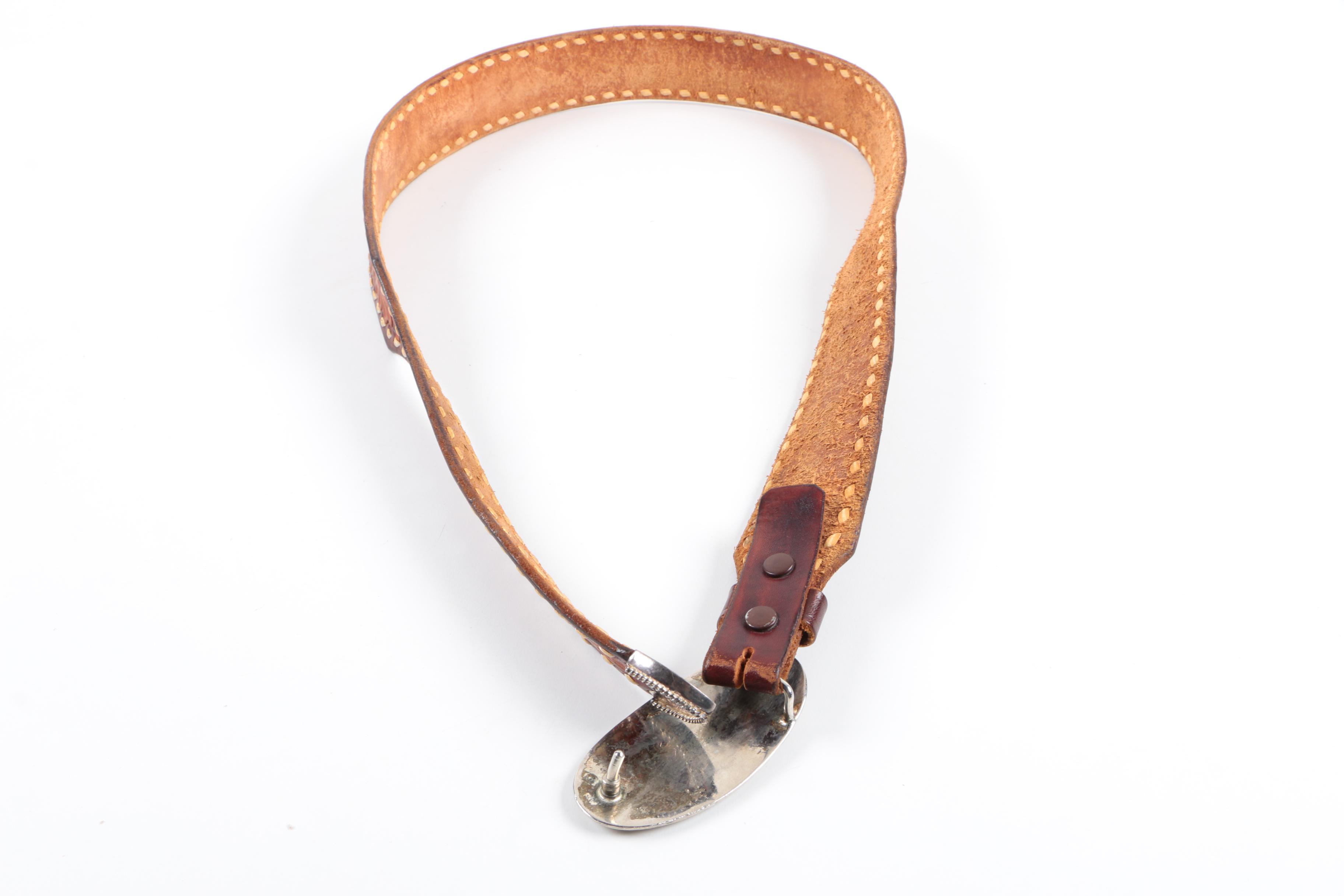 Vintage Leather Belt with Hand Tooled Accents and Abalone Inlaid Buckle