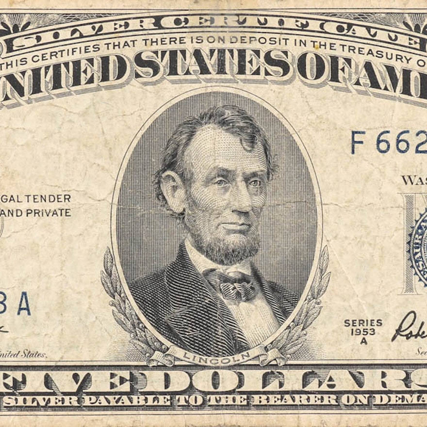 1953 A $5 Silver Certificate with Blue Seal