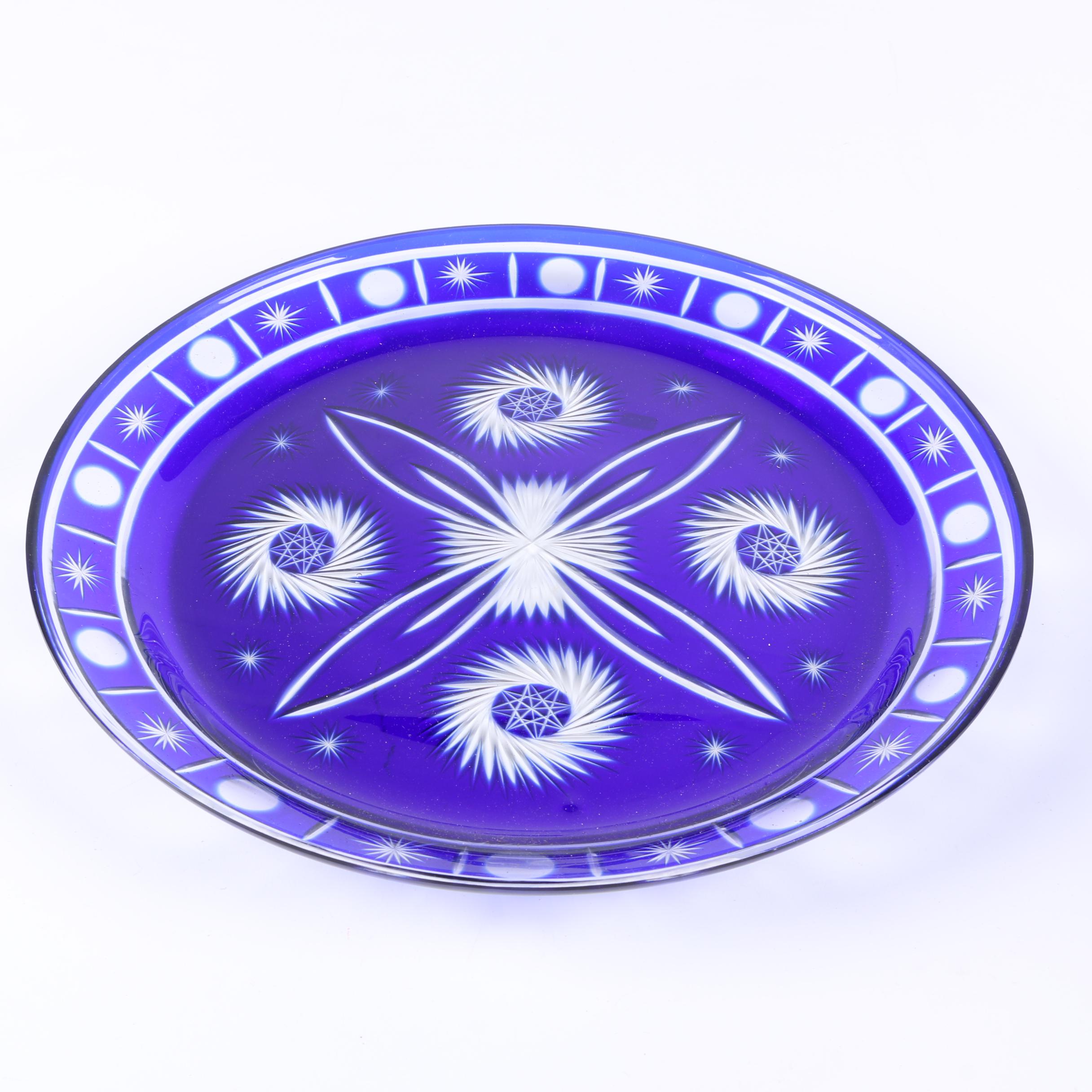 Crystal Cased Cobalt Blue Cut to Clear Cake Plate and Dome