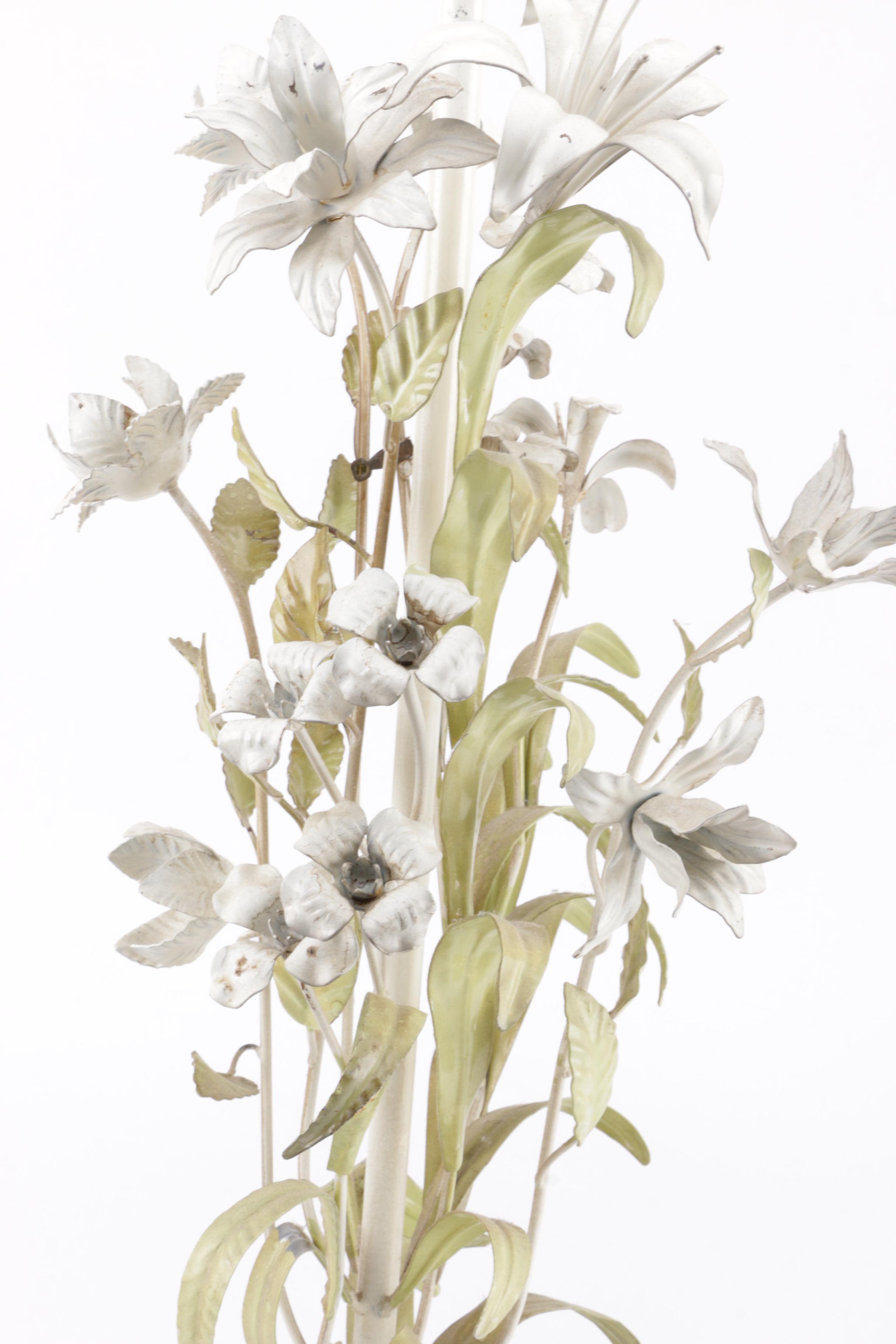 Vintage Italian Metal Floral Toleware Table Lamp On Wooden Base