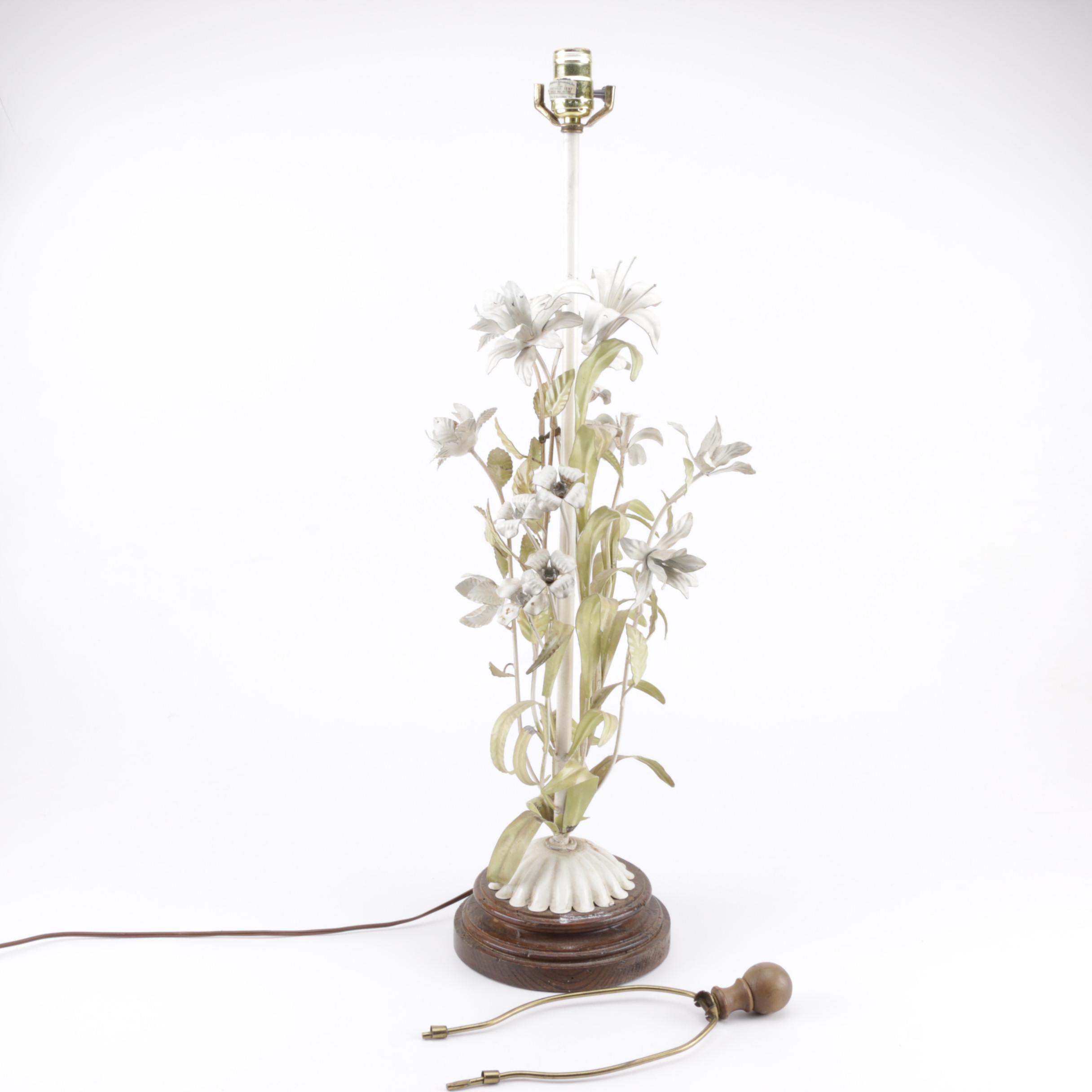 Vintage Italian Metal Floral Toleware Table Lamp On Wooden Base