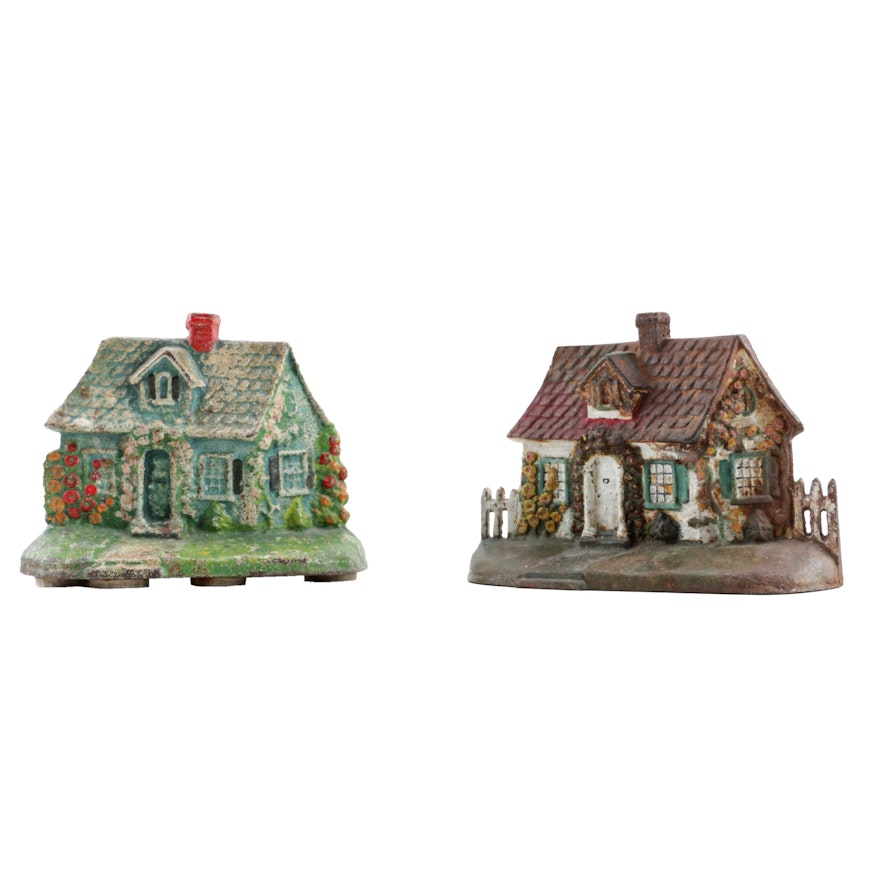 Vintage Cast Iron Cottage Shaped Doorstops