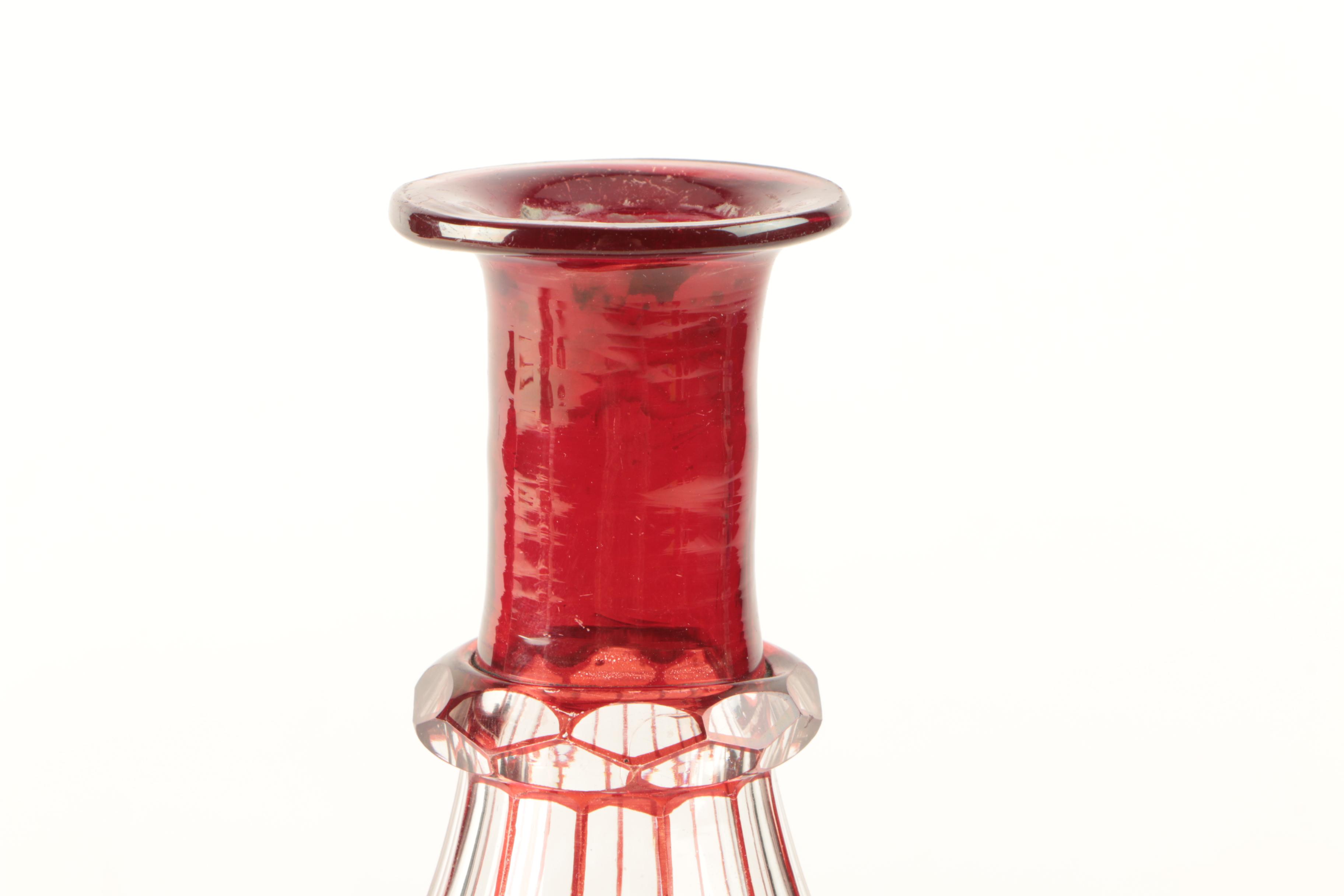 Vintage Bohemian Style Flashed Ruby Red Cut to Clear Decanter and Bowls