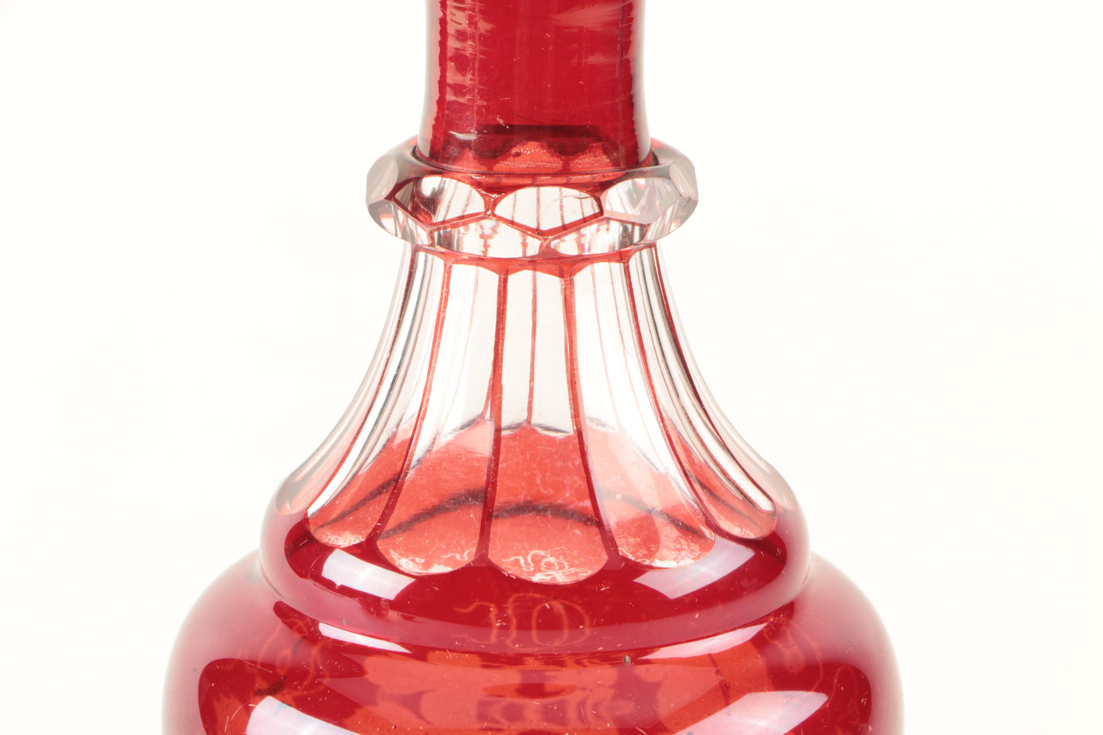 Vintage Bohemian Style Flashed Ruby Red Cut to Clear Decanter and Bowls