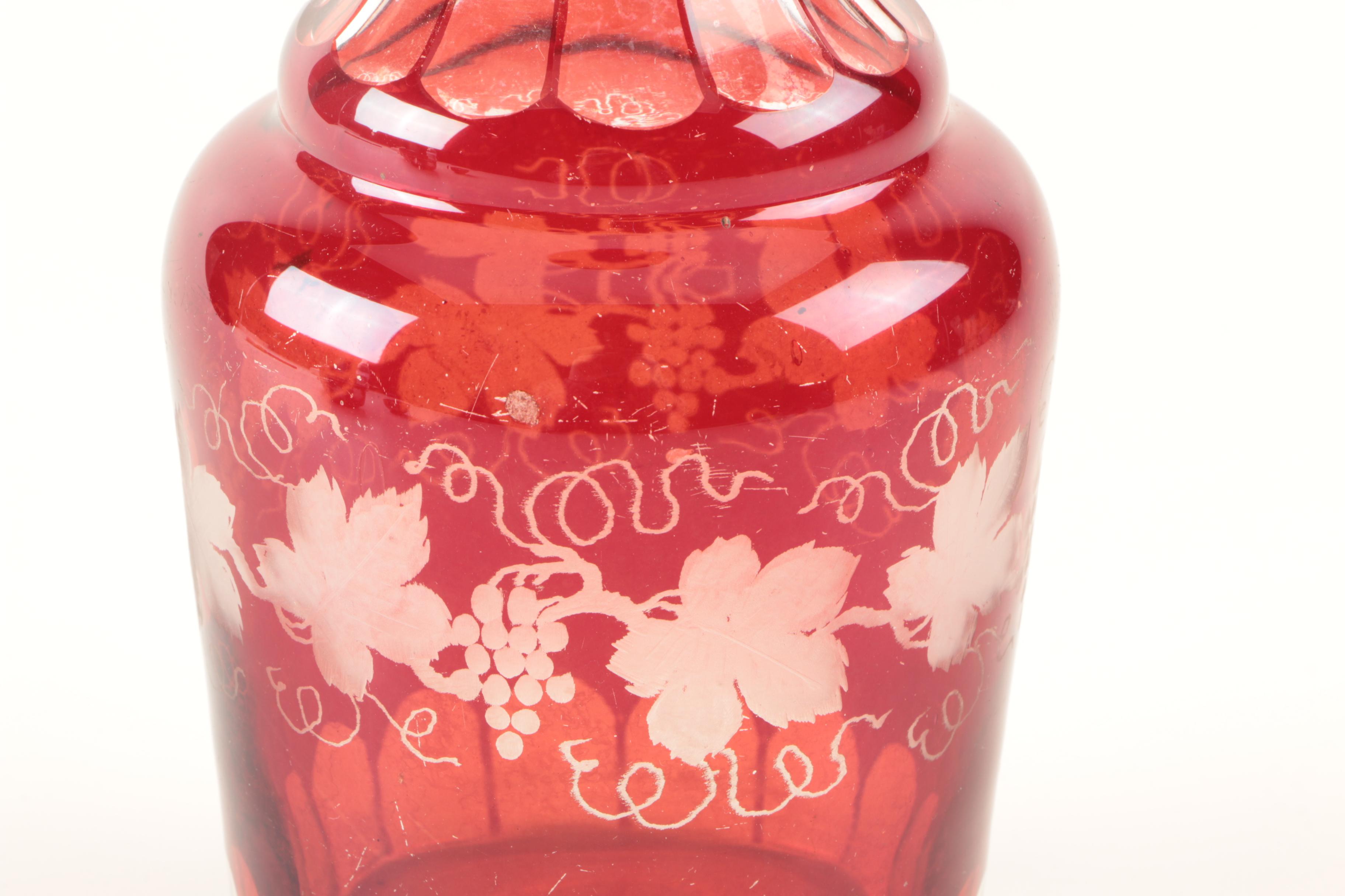 Vintage Bohemian Style Flashed Ruby Red Cut to Clear Decanter and Bowls