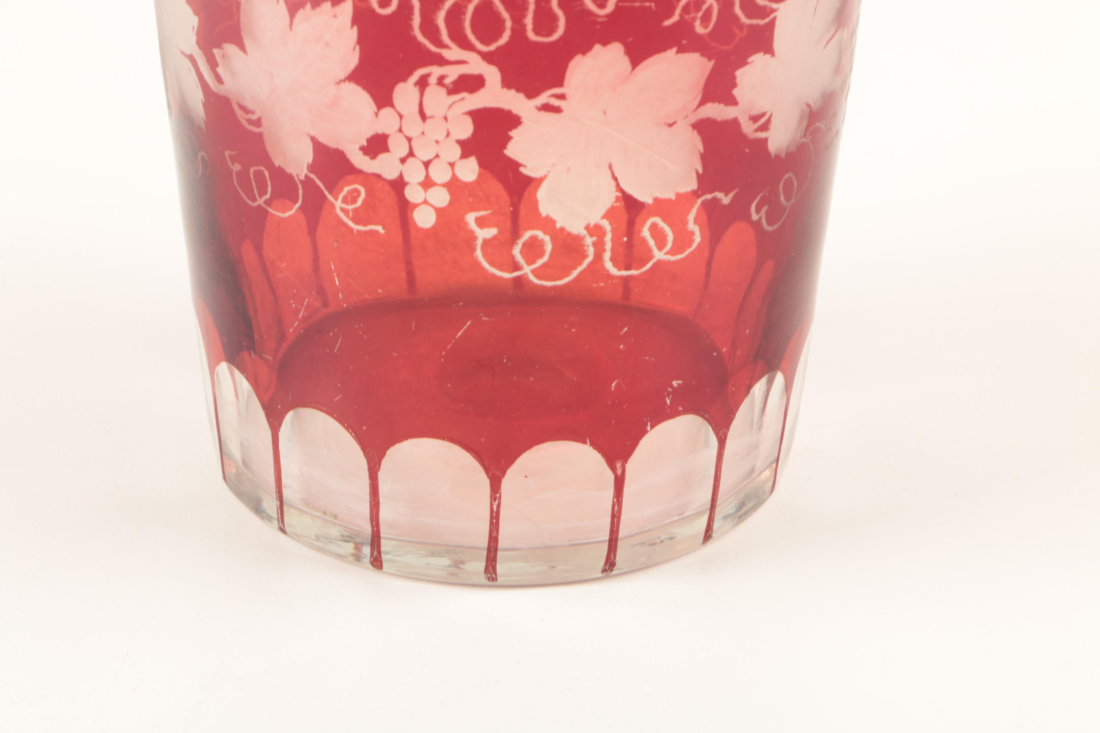 Vintage Bohemian Style Flashed Ruby Red Cut to Clear Decanter and Bowls