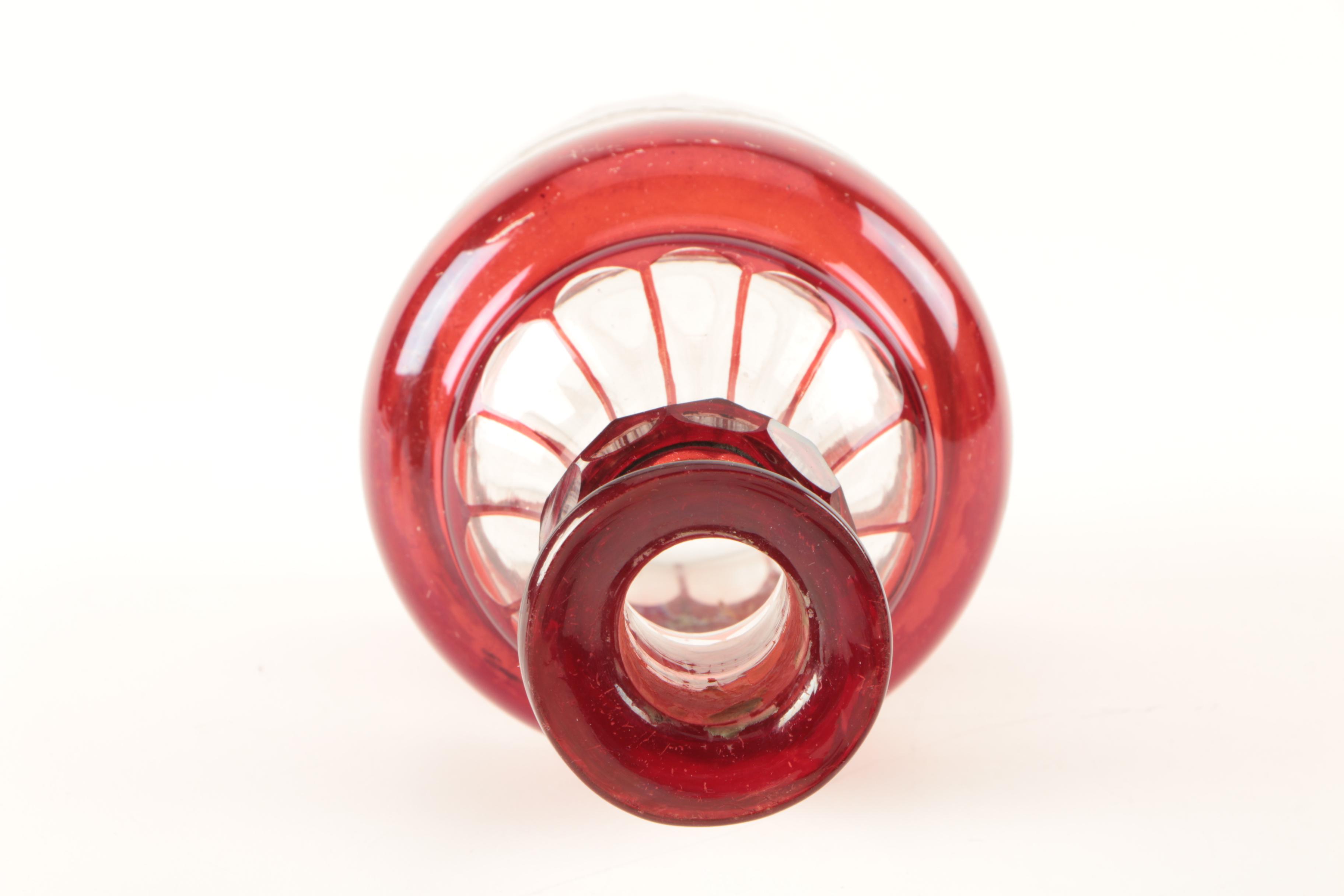 Vintage Bohemian Style Flashed Ruby Red Cut to Clear Decanter and Bowls