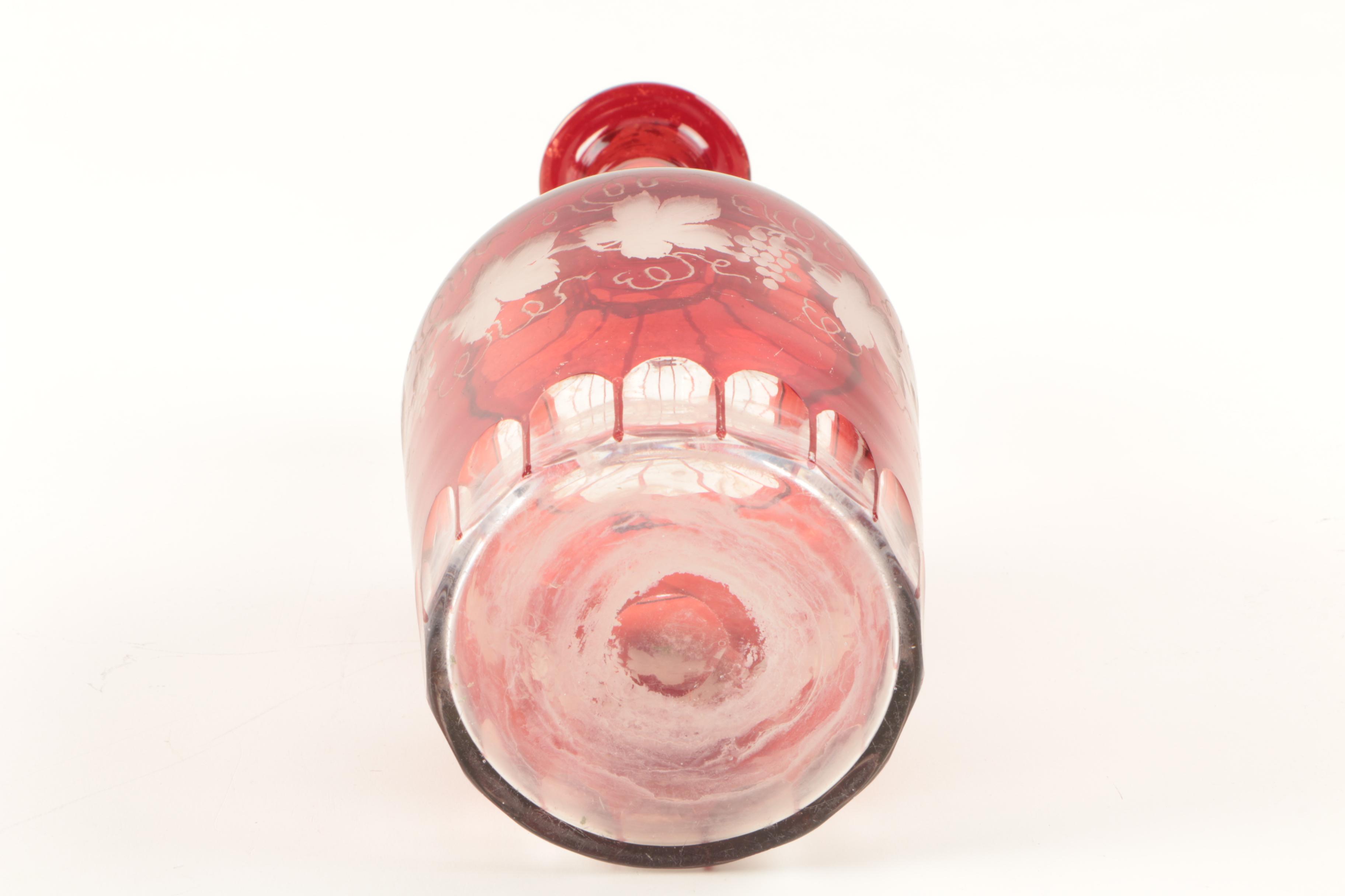 Vintage Bohemian Style Flashed Ruby Red Cut to Clear Decanter and Bowls