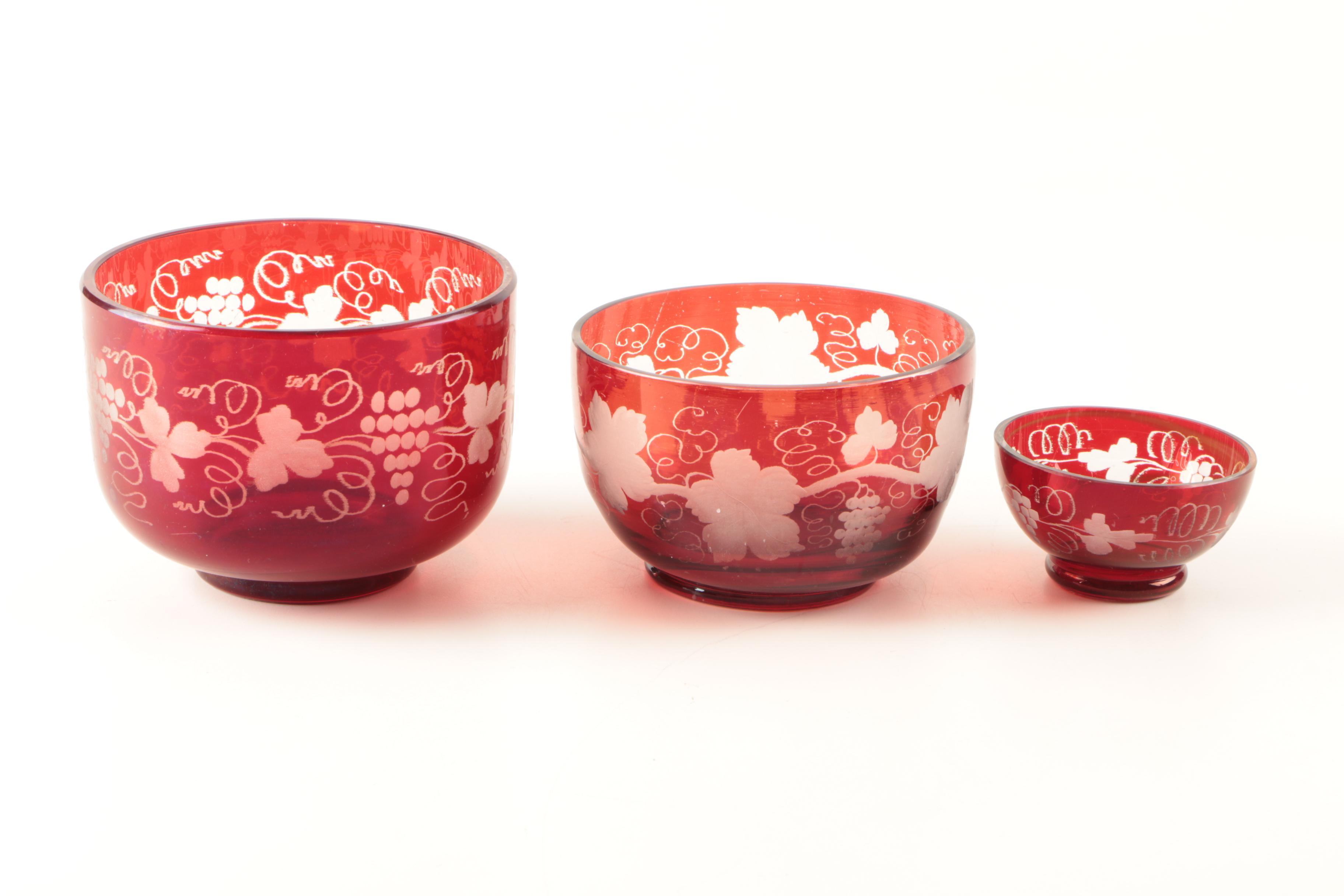 Vintage Bohemian Style Flashed Ruby Red Cut to Clear Decanter and Bowls