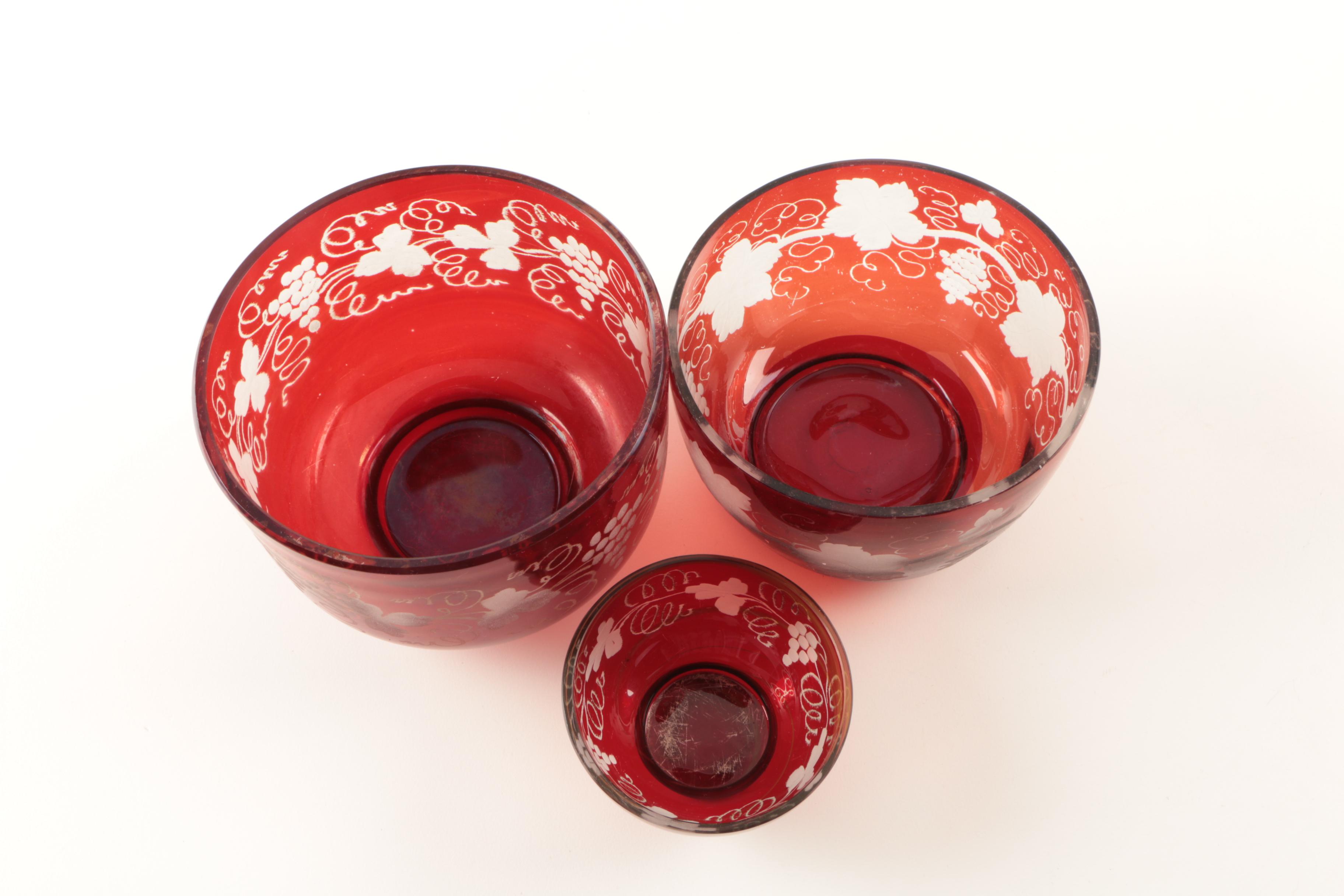 Vintage Bohemian Style Flashed Ruby Red Cut to Clear Decanter and Bowls