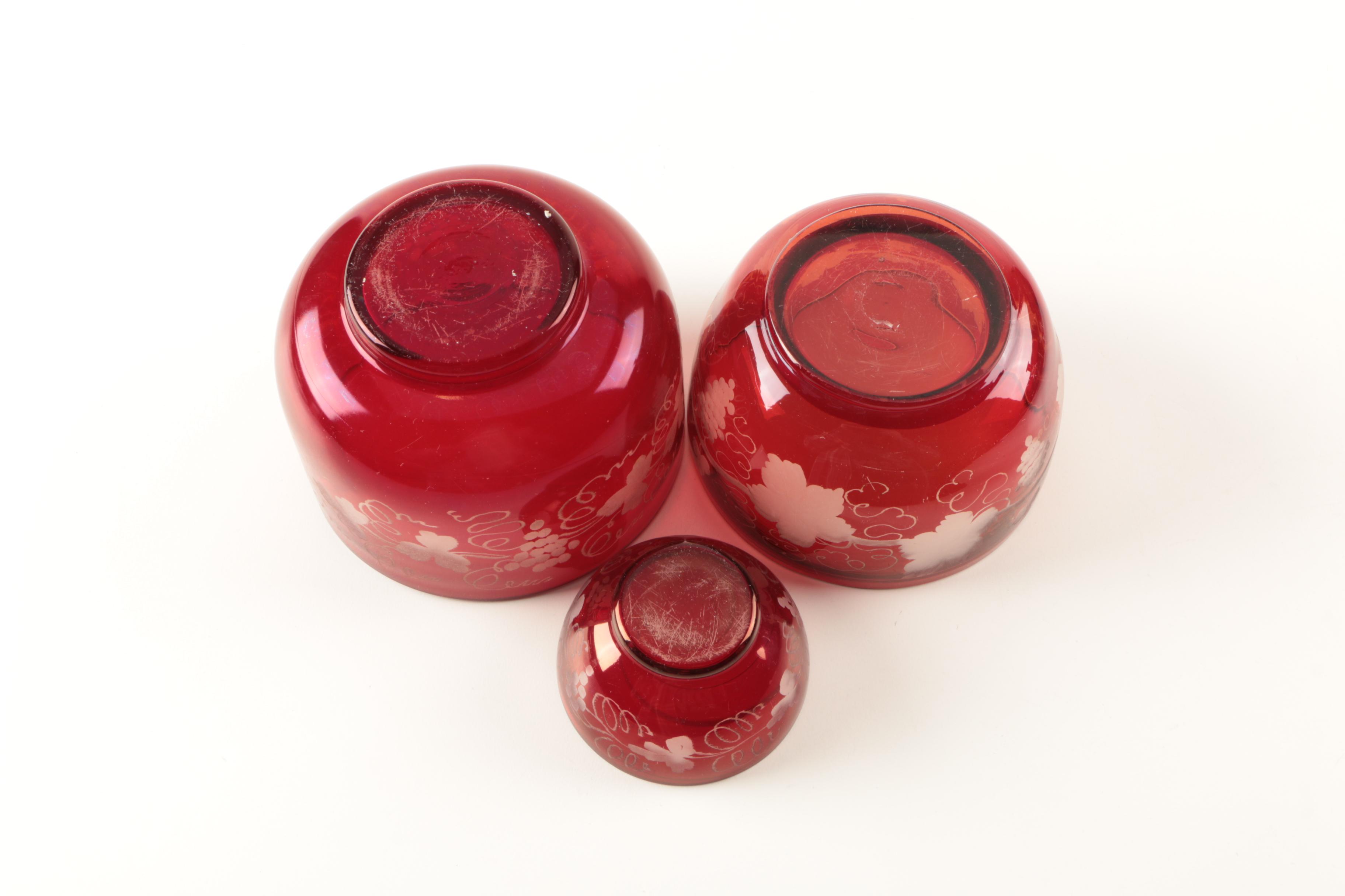 Vintage Bohemian Style Flashed Ruby Red Cut to Clear Decanter and Bowls