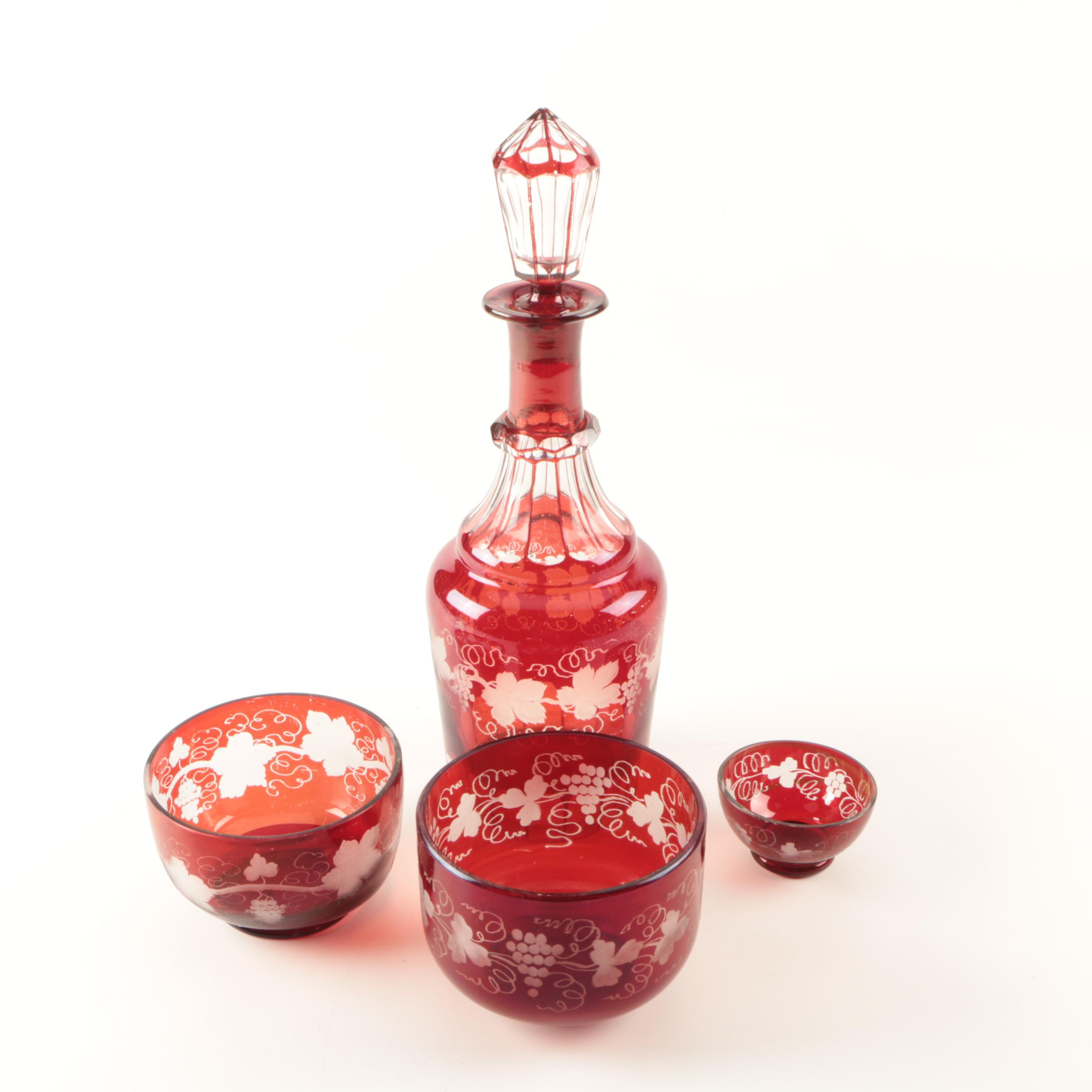 Vintage Bohemian Style Flashed Ruby Red Cut to Clear Decanter and Bowls
