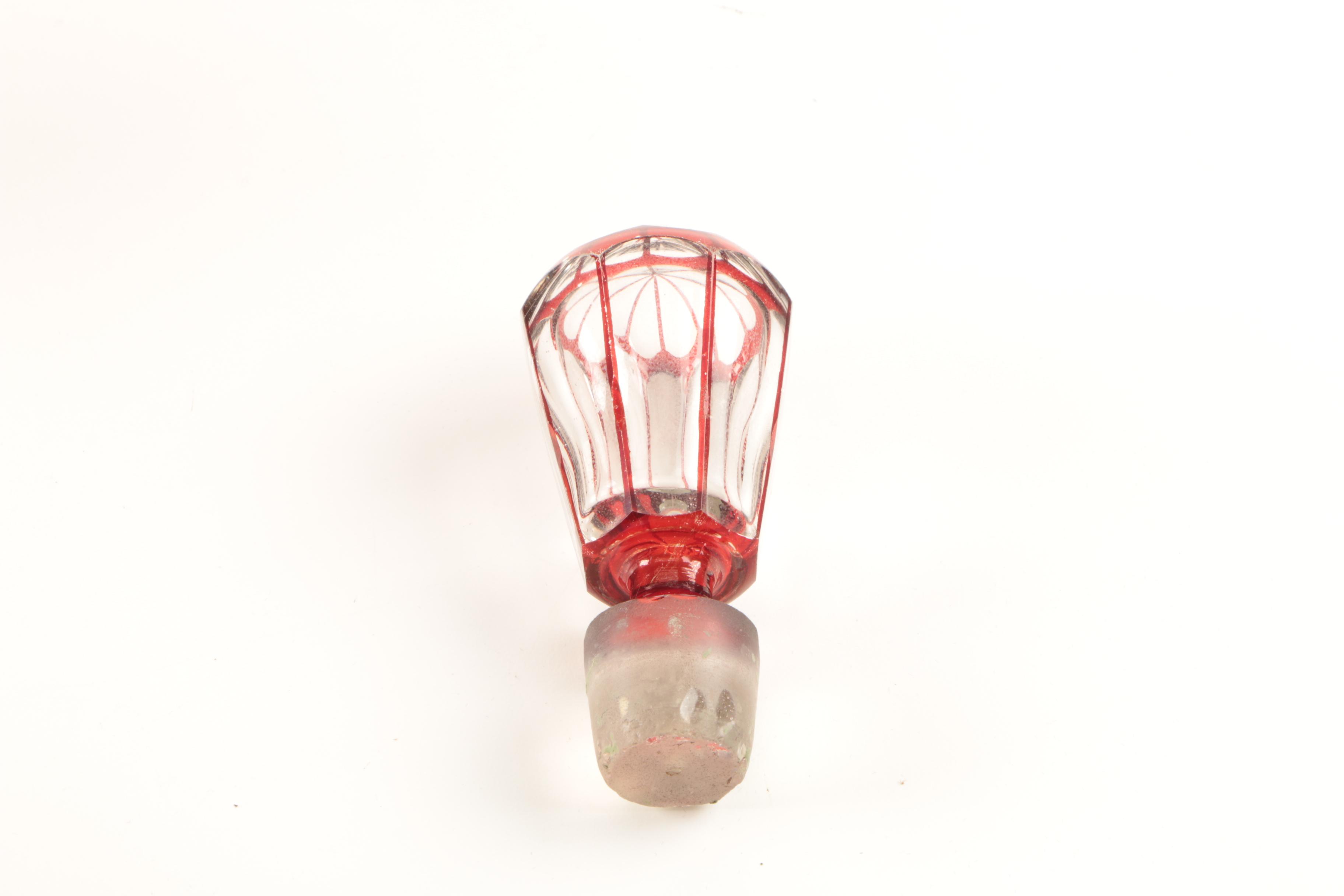 Vintage Bohemian Style Flashed Ruby Red Cut to Clear Decanter and Bowls