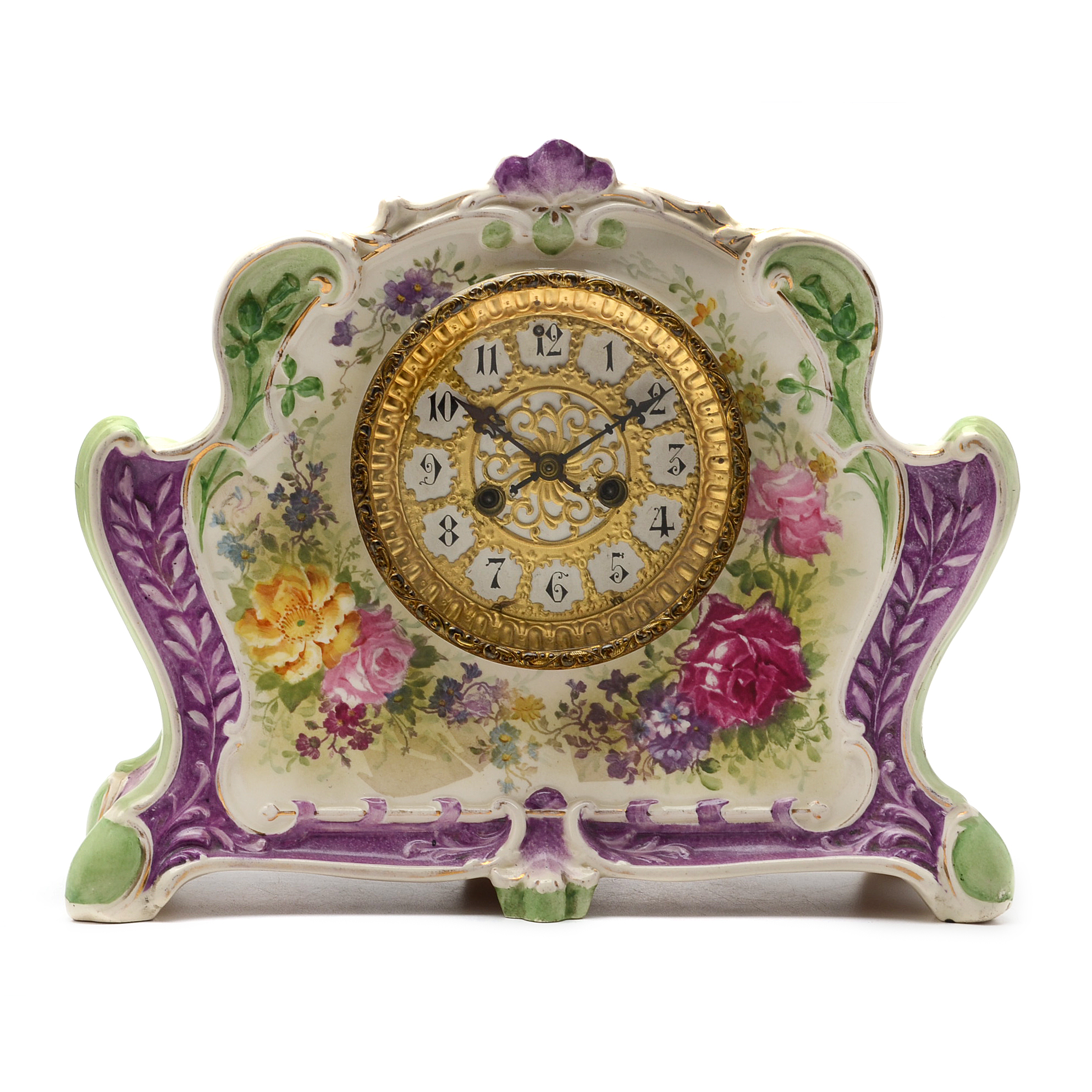 Antique Royal Bonn Porcelain "La Rita" Mantel Clock with Waterbury Movement