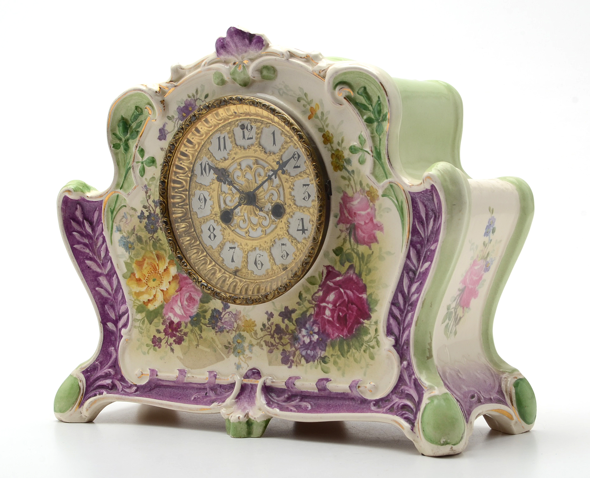 Antique Royal Bonn Porcelain "La Rita" Mantel Clock with Waterbury Movement