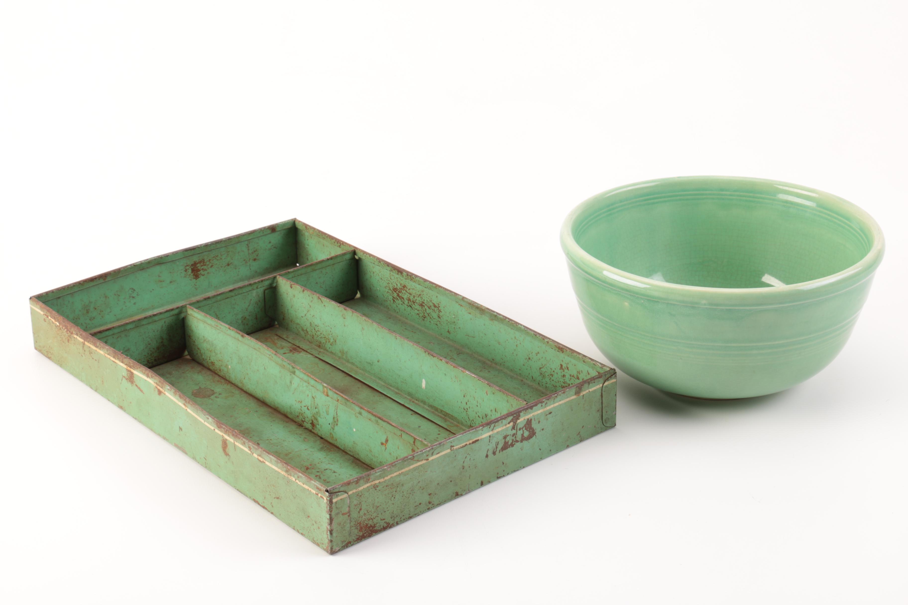 Sevilla Pottery Mixing Bowls and Metal Utensil Storage Tray