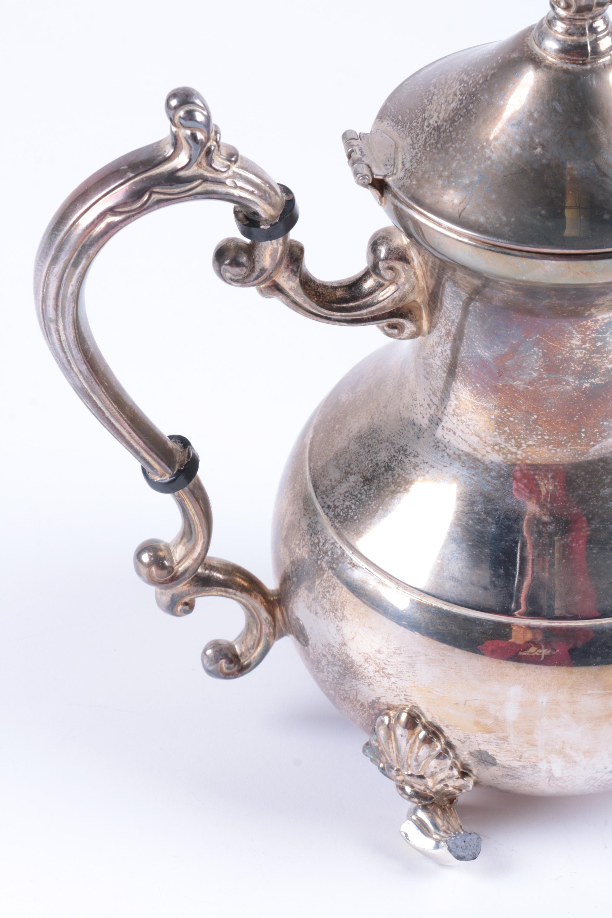 Indonesian Double Scroll Handled Silver Plate Tea and Coffee Service