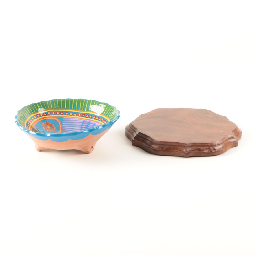 Mexican Hand-Painted Terra Cotta Bowl and Stand