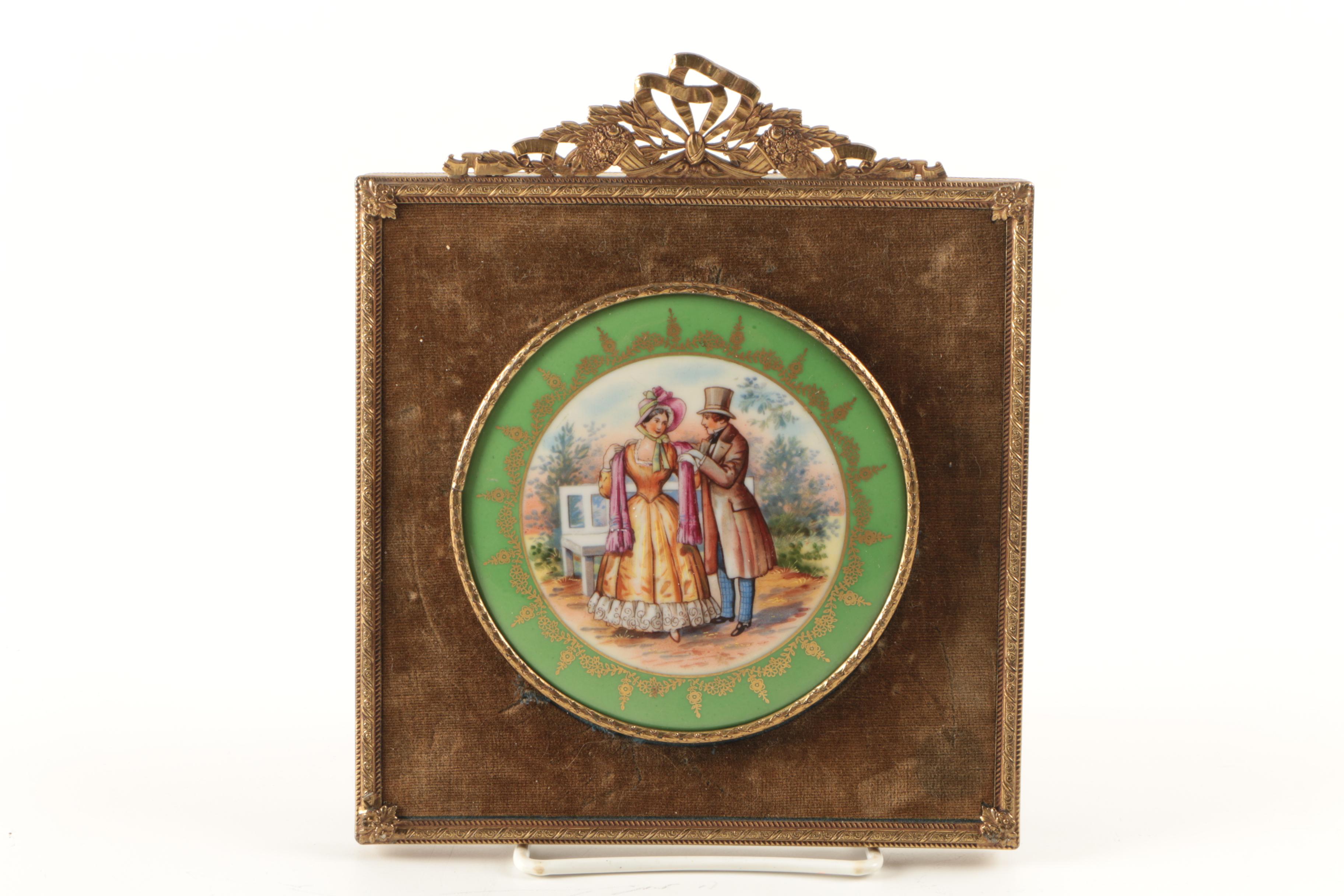 Vintage Czechoslovakia Hand-Painted Porcelain Courting Couple Plaque