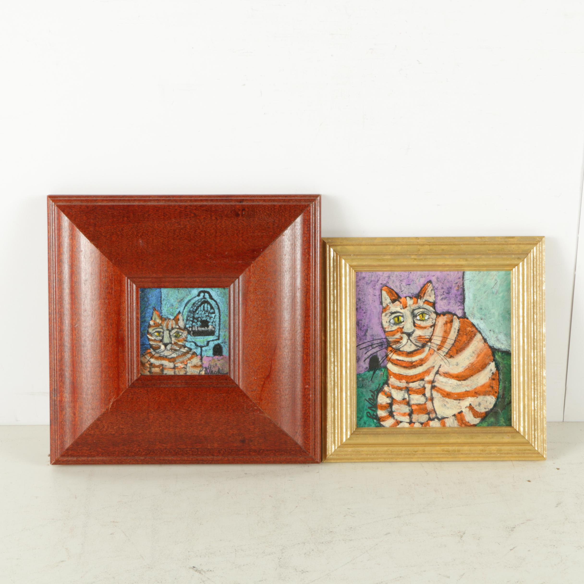 P. Nash Acrylic Paintings of Cats on Panel
