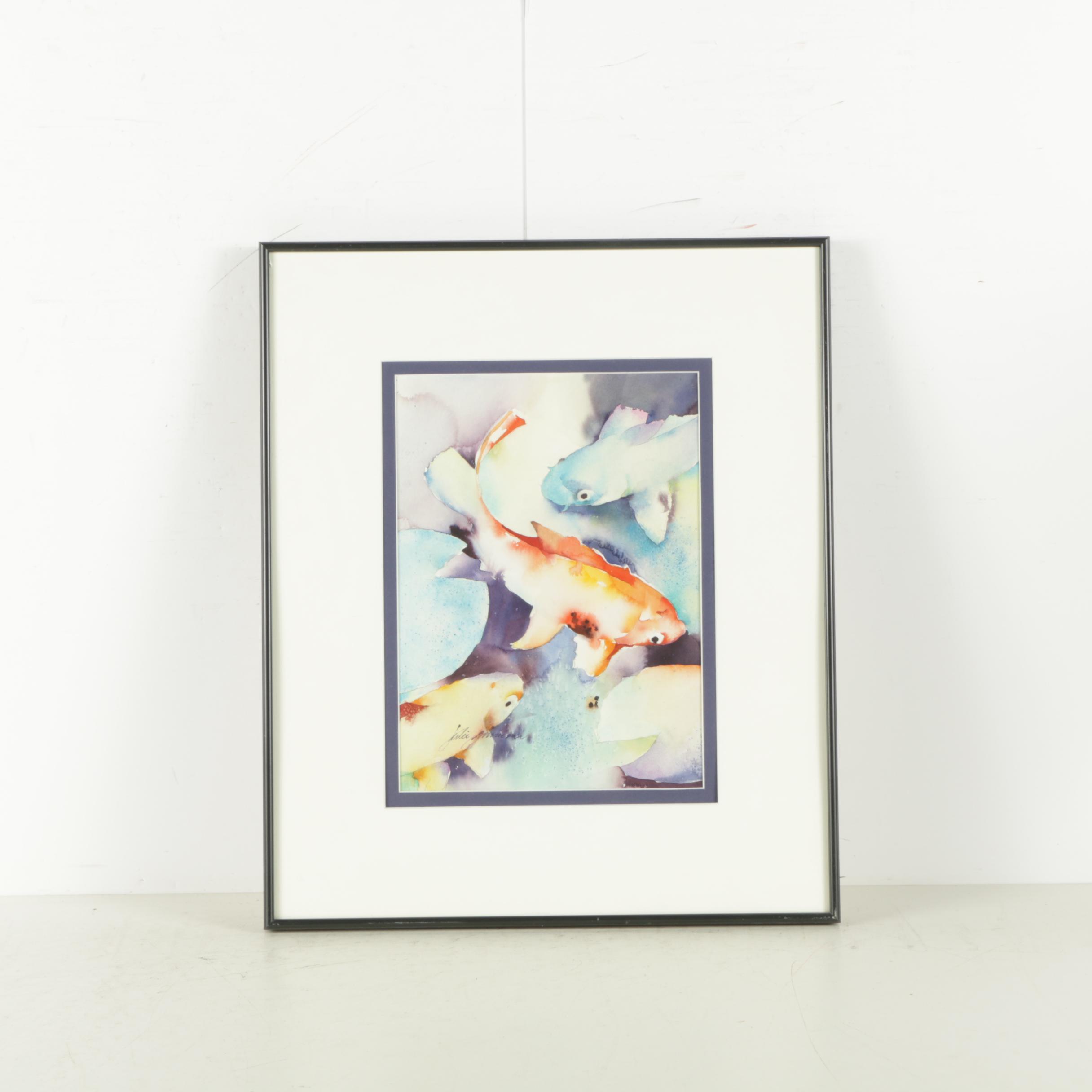 Watercolor and Gouache on Paper of Fish