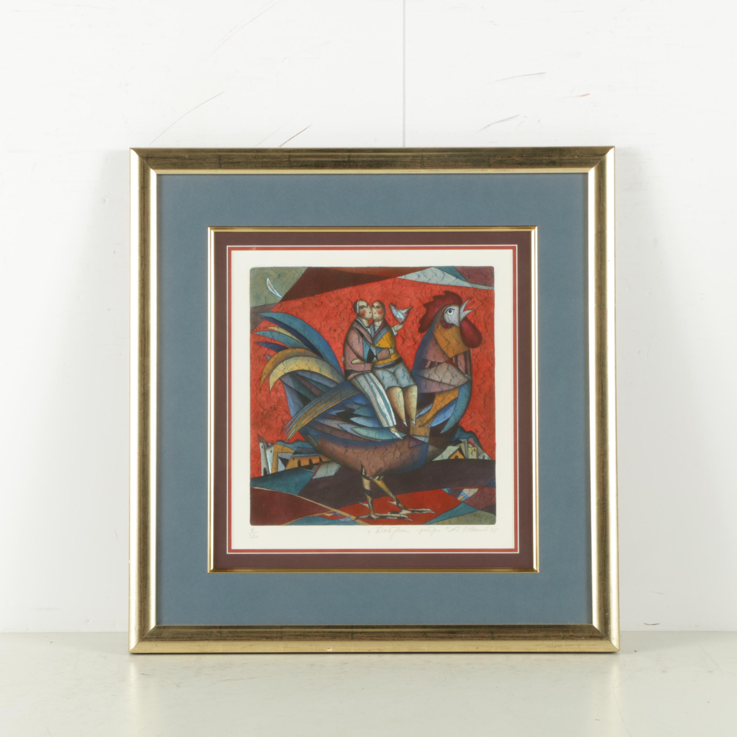 Limited Edition Intaglio Print on Paper of Couple Riding Rooster