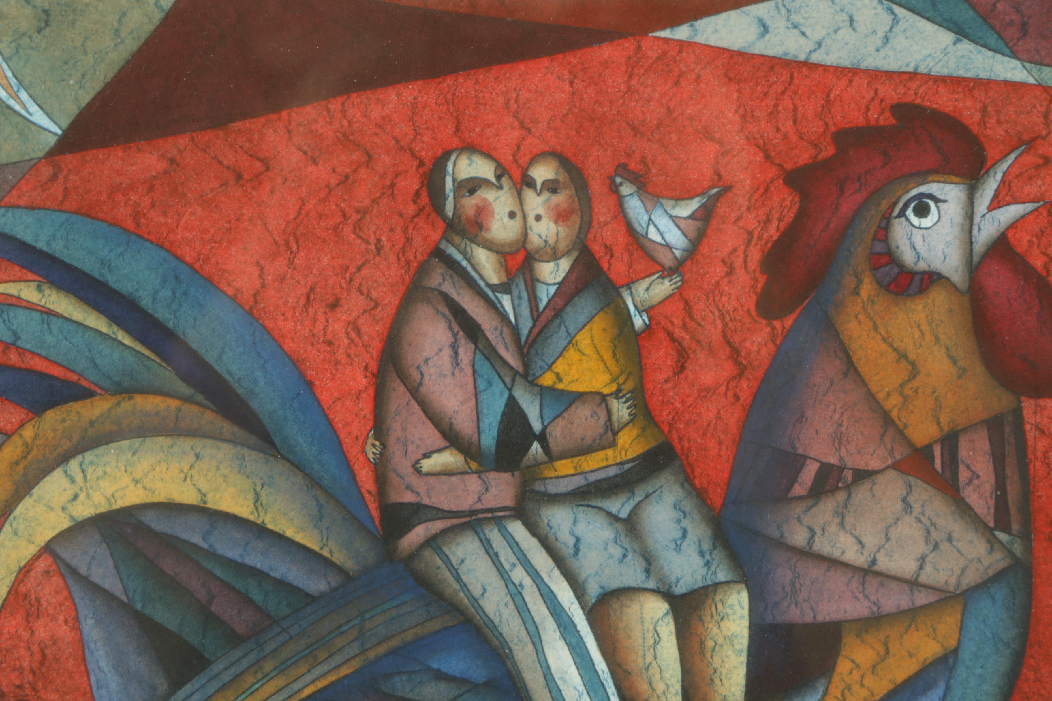 Limited Edition Intaglio Print on Paper of Couple Riding Rooster