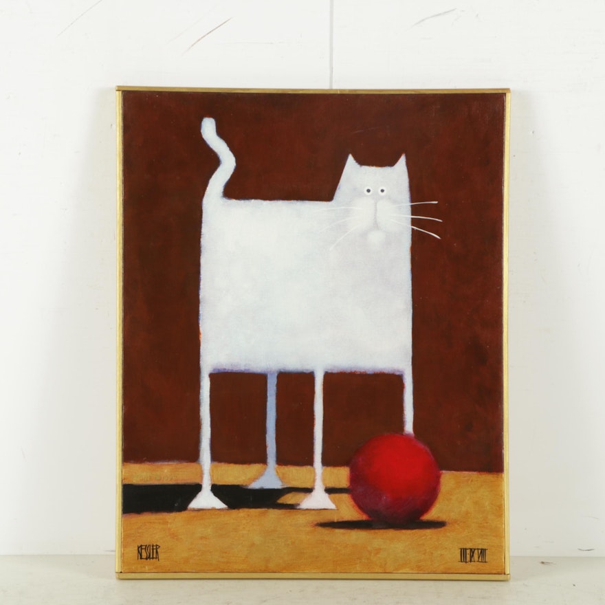 Offset Lithograph on Canvas after Daniel Patrick Kessler of a White Cat