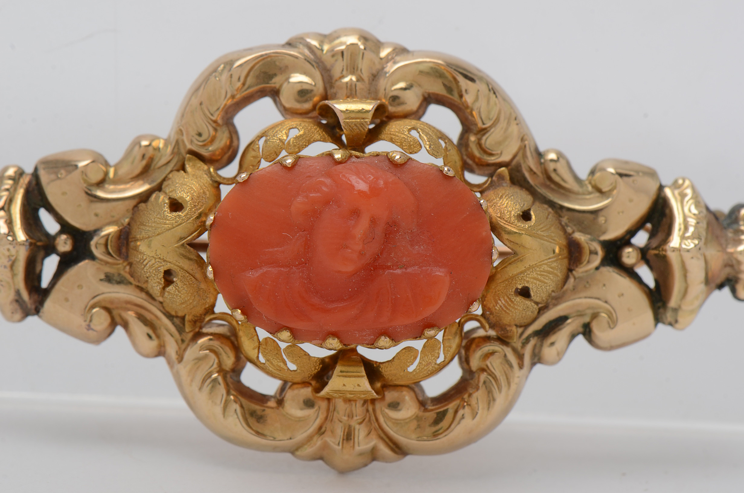 14K Yellow Gold Victorian Coral Cameo Watch Pin Brooch