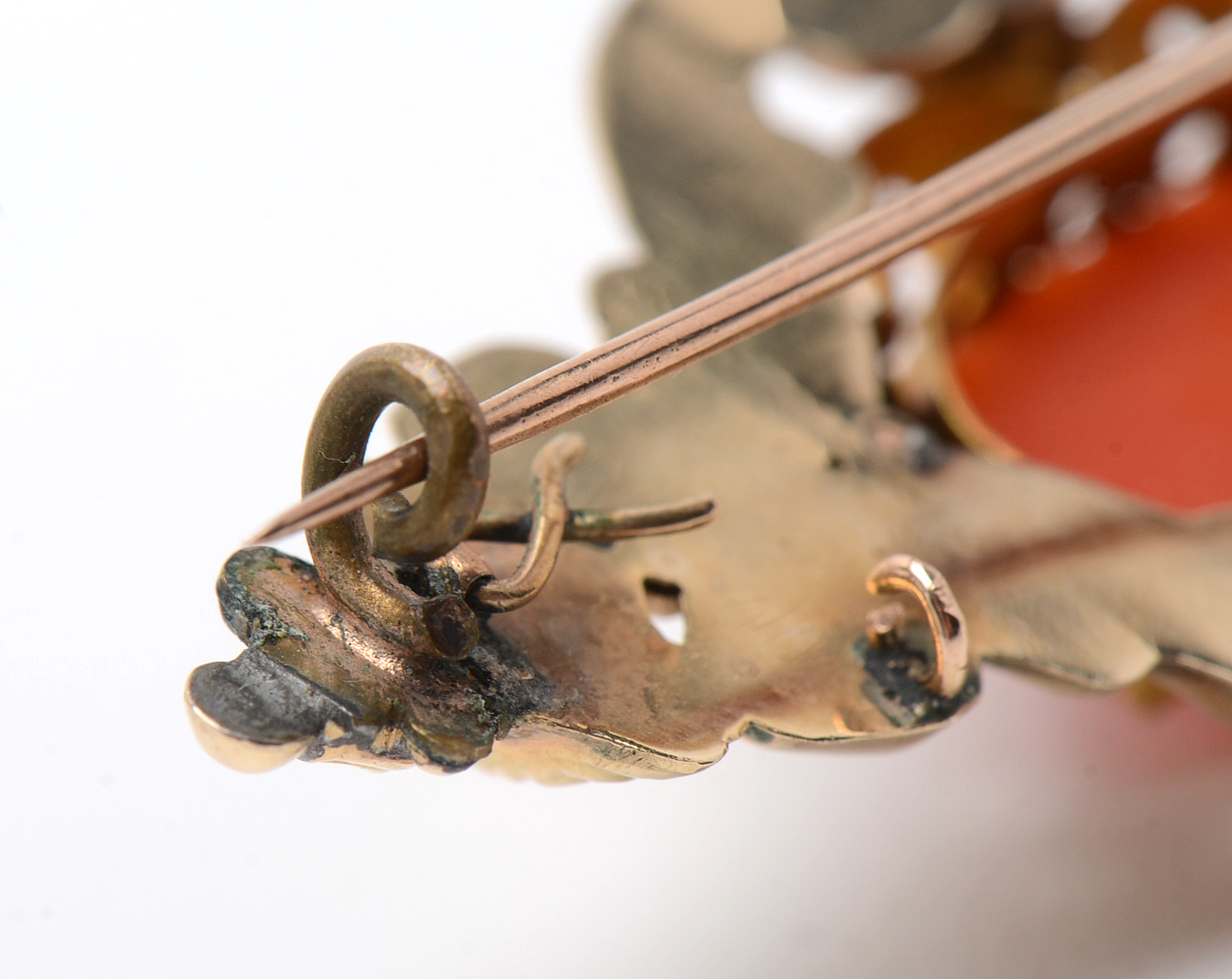 14K Yellow Gold Victorian Coral Cameo Watch Pin Brooch