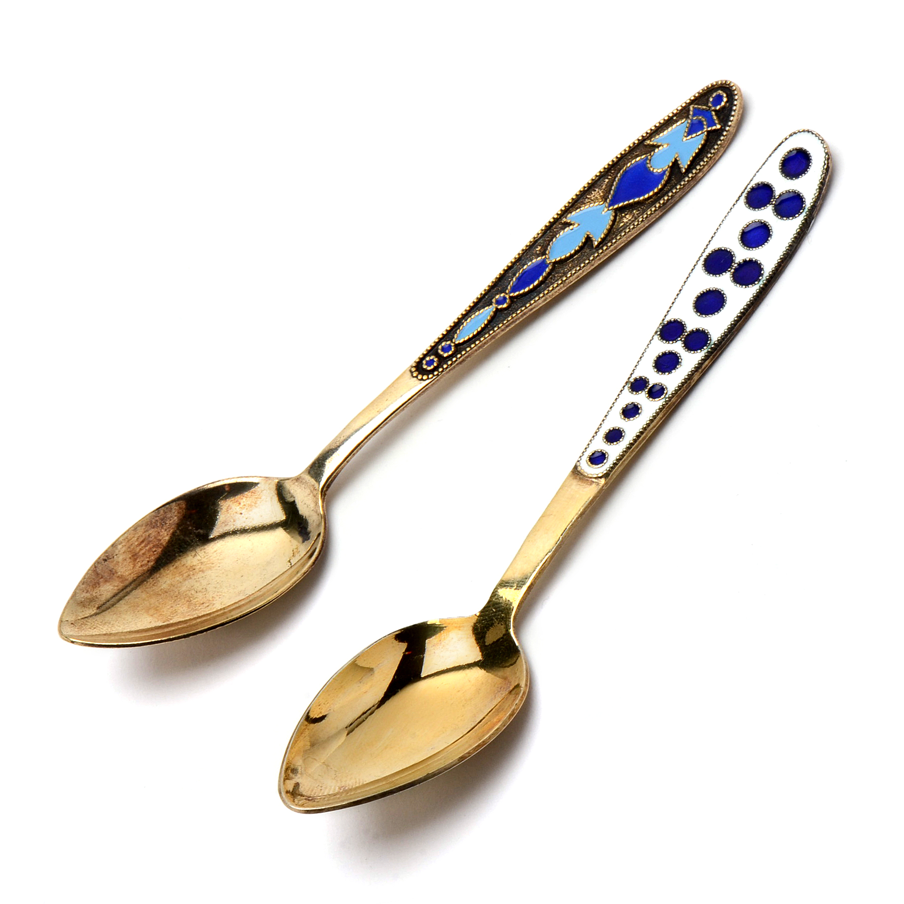 Pairing of Russian Gold-Plated 875 Silver Enameled Demitasse Spoons
