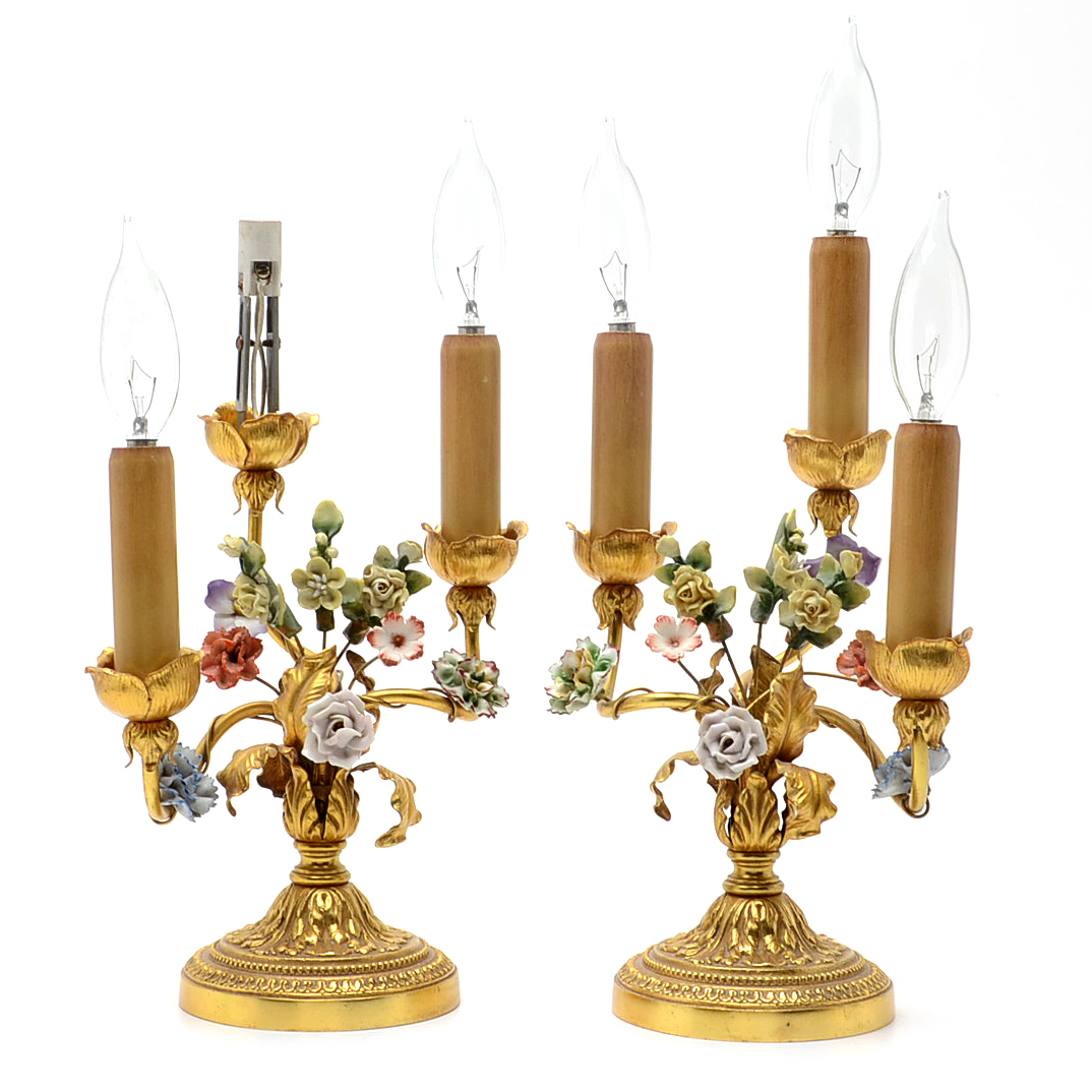 Vintage Gilt Tole and Porcelain Bouquet Lamps with Three Lights