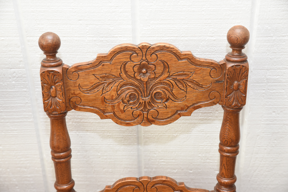 Pair of Carved Oak and Leather Upholstered Side Chairs