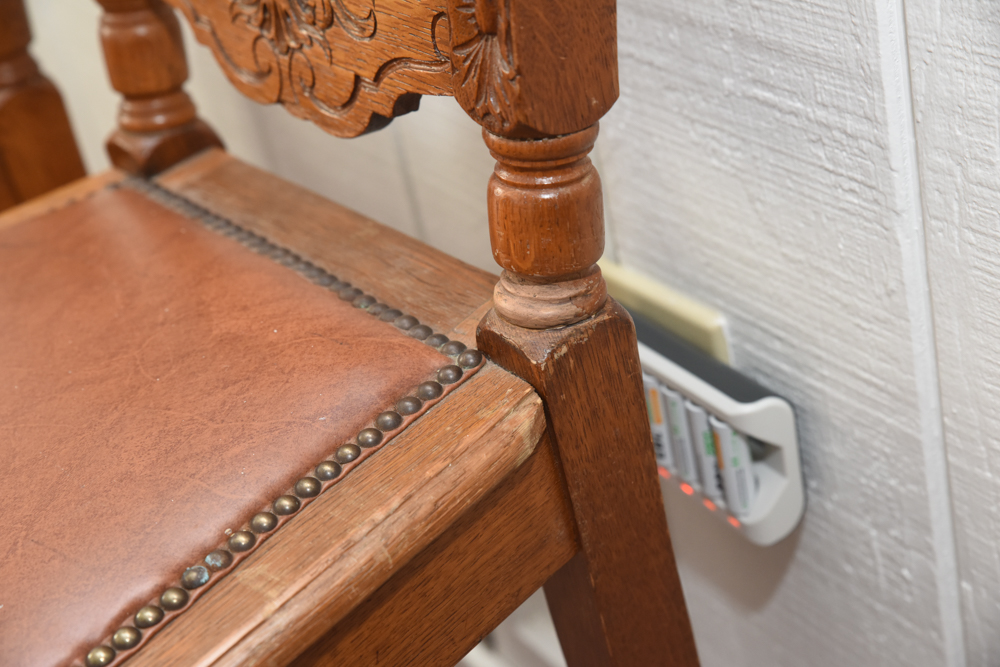 Pair of Carved Oak and Leather Upholstered Side Chairs