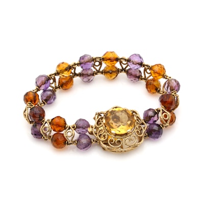 19K Yellow Gold Citrine and Amethyst Link Bracelet 19K Yellow Gold Citrine and Amethyst Link Bracelet