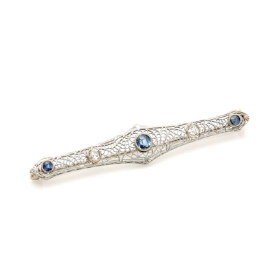 Platinum and 14K White Gold Diamond and Sapphire Bar Brooch Platinum and 14K White Gold Diamond and Sapphire Bar Brooch