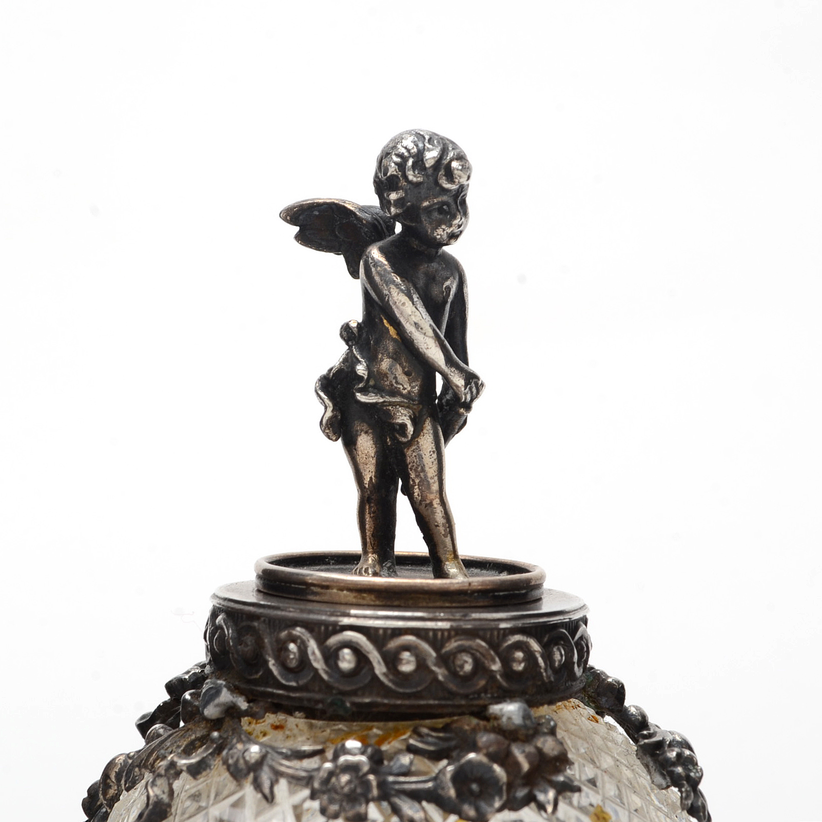 Antique Austrian 900 Silver and Cut Glass Cupid Figural Glue Pot