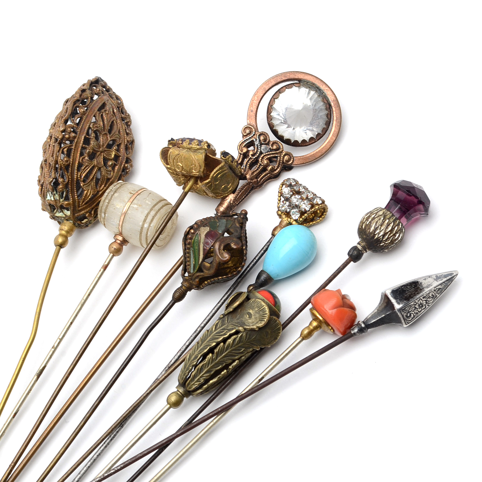 Assortment of Victorian Hat Pins Including Sterling Silver and Carved Coral
