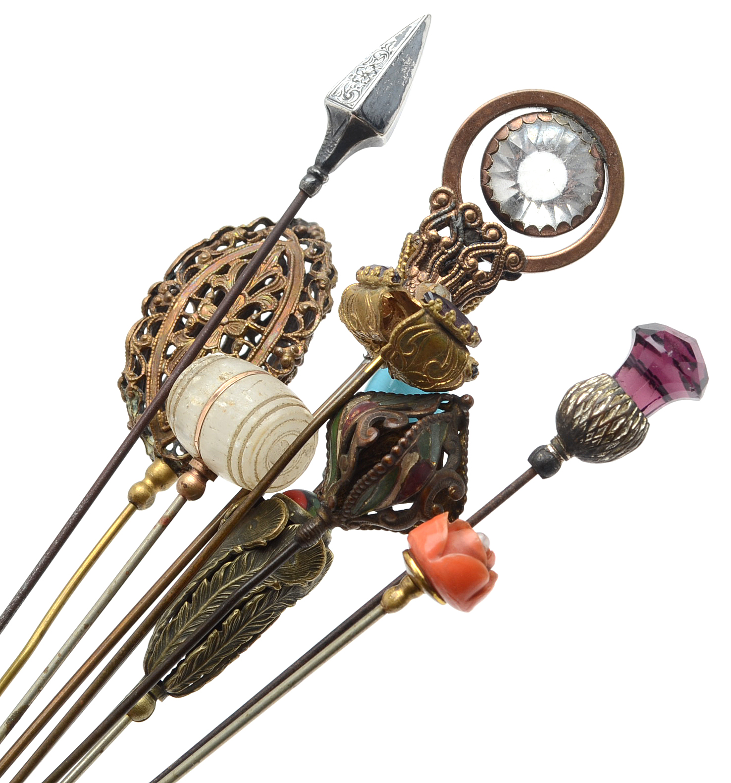 Assortment of Victorian Hat Pins Including Sterling Silver and Carved Coral