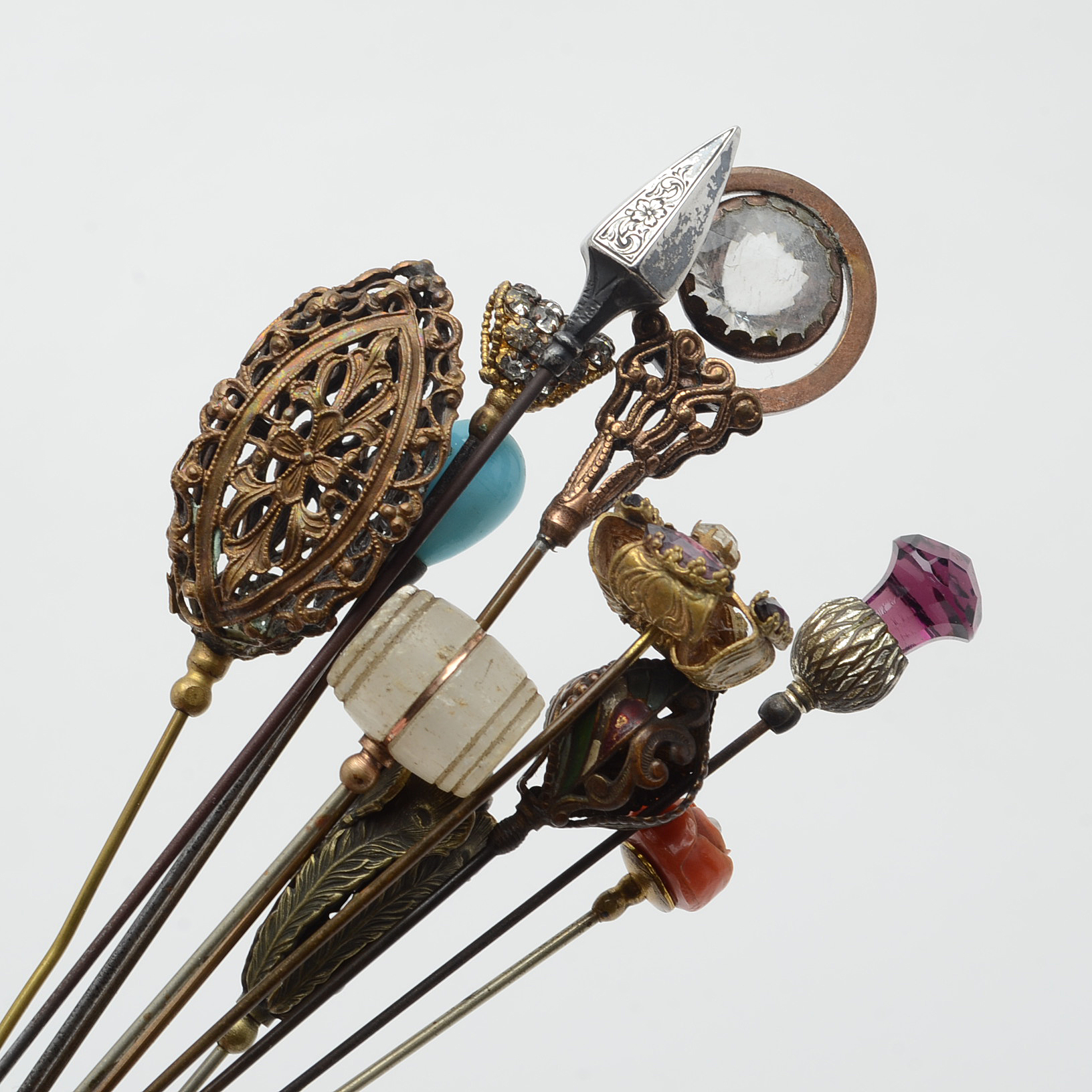 Assortment of Victorian Hat Pins Including Sterling Silver and Carved Coral