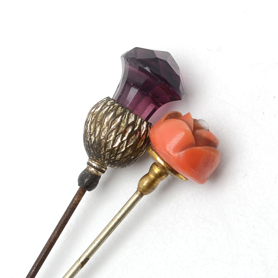 Assortment of Victorian Hat Pins Including Sterling Silver and Carved Coral