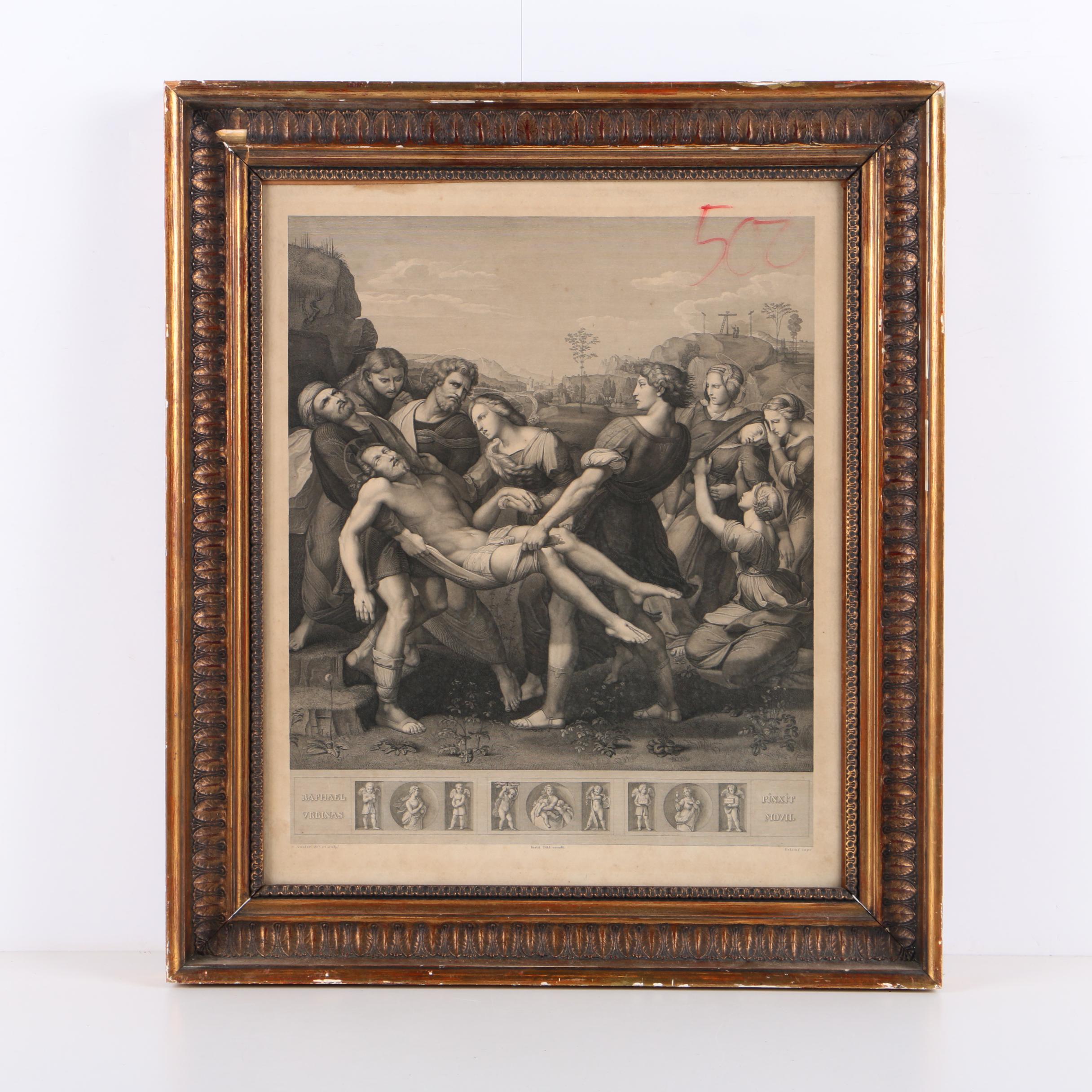 S. Amsler Vintage Engraving on Paper After Raphael "The Entombment"