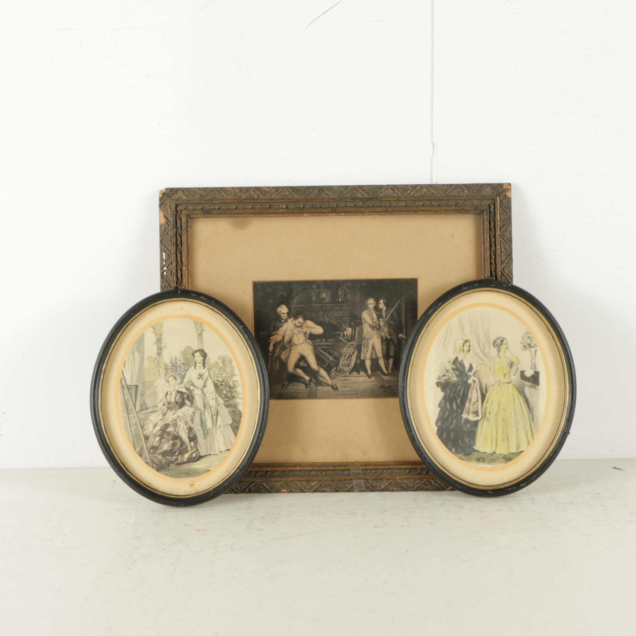 Etchings on Paper of a Sword Duel and Godey's Fashion Plates