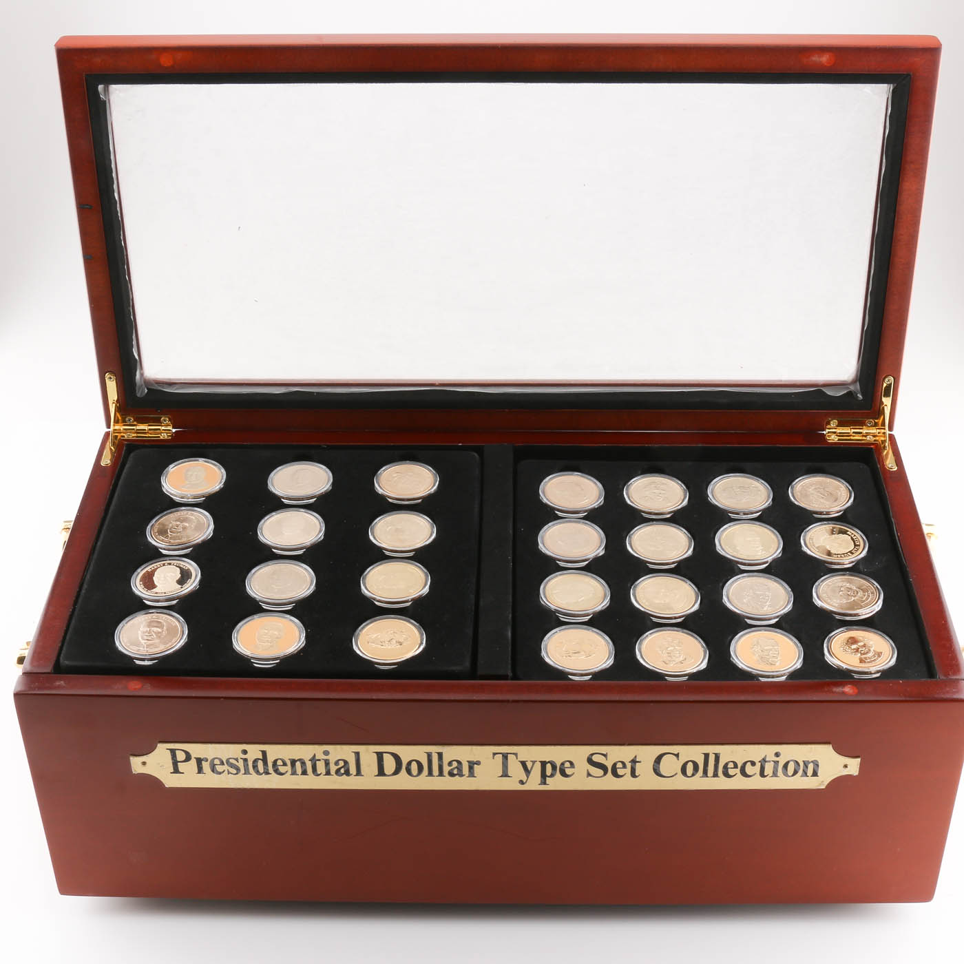 Presidential Golden Dollar Coin Type Set in a Wooden Display Case