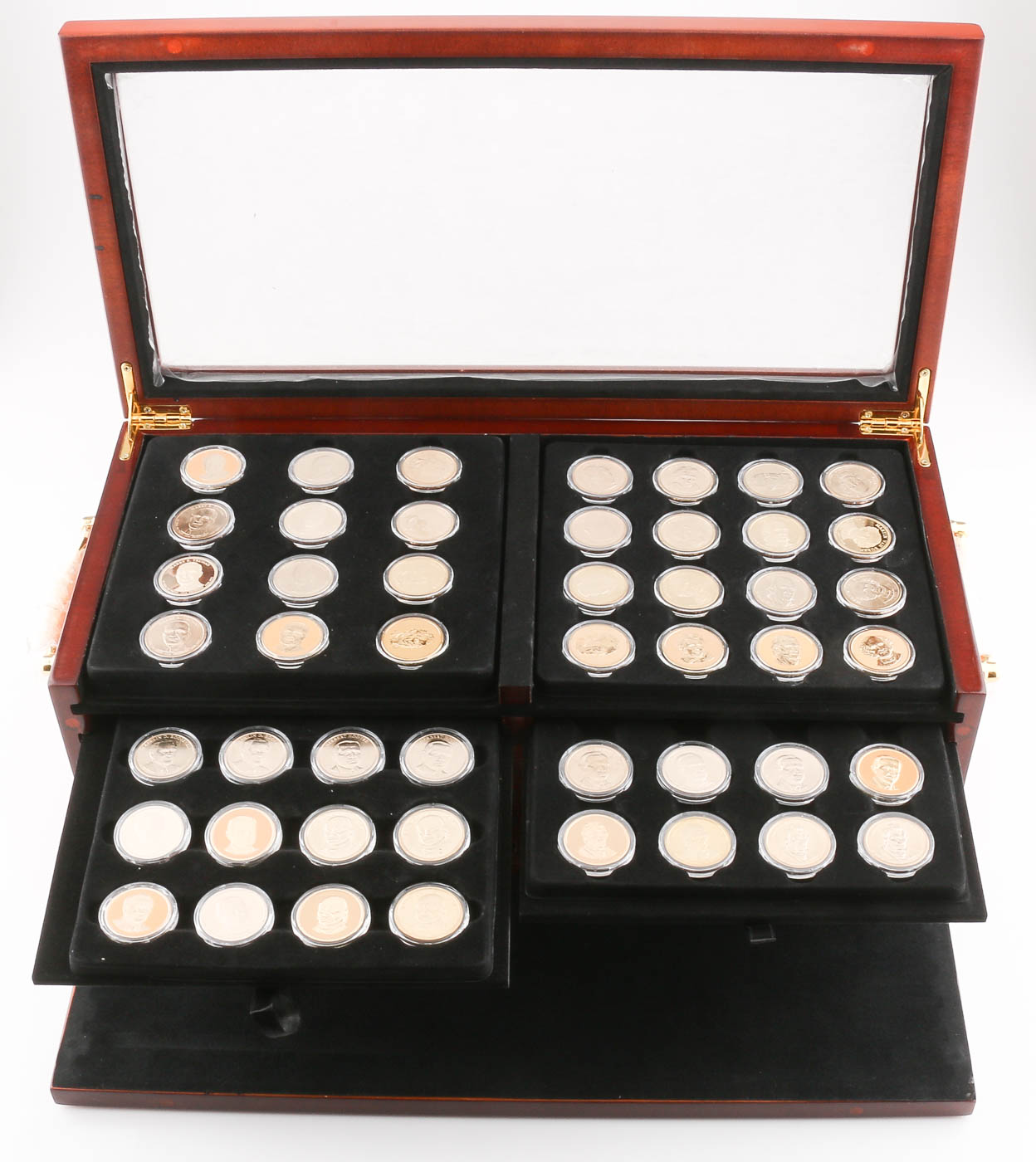 Presidential Golden Dollar Coin Type Set in a Wooden Display Case