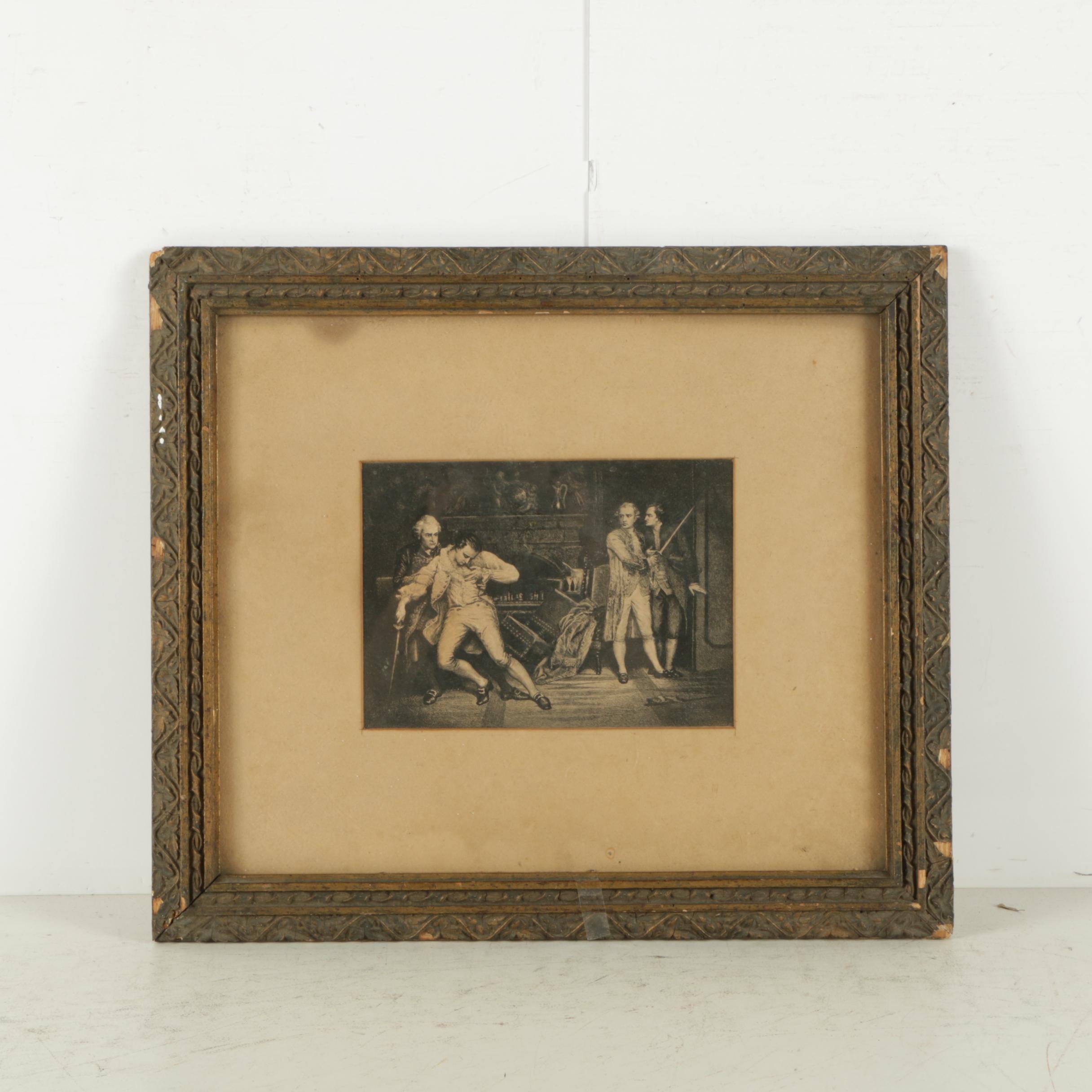 Etchings on Paper of a Sword Duel and Godey's Fashion Plates