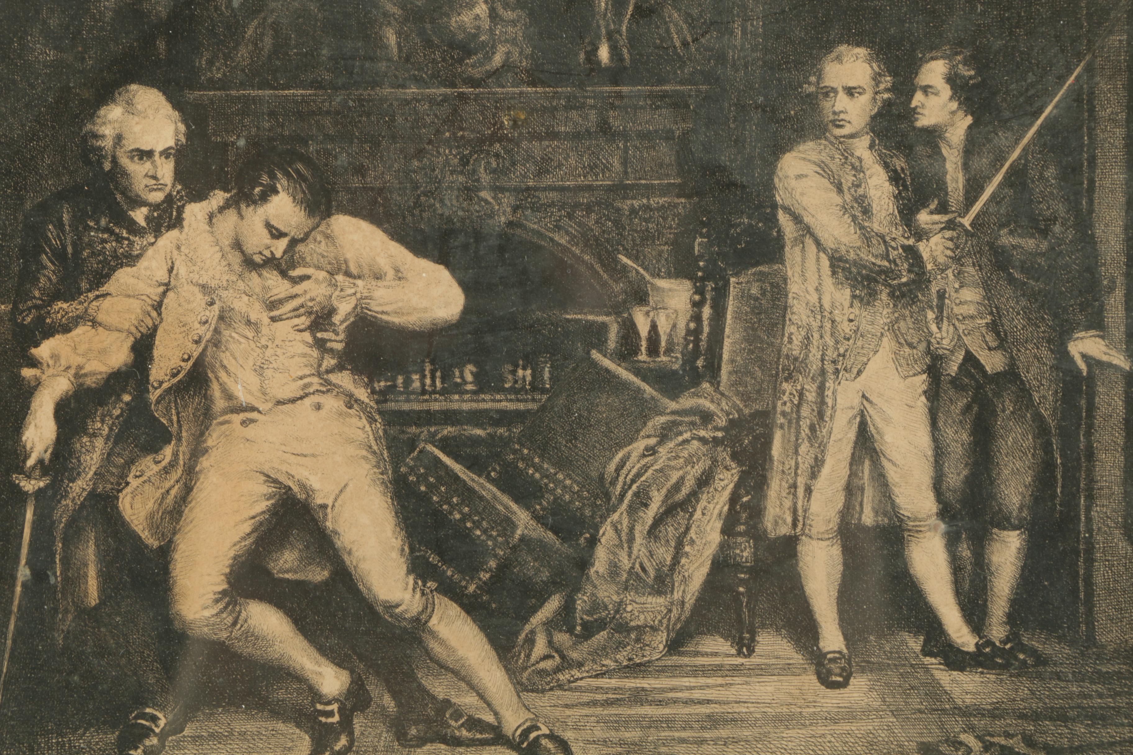 Etchings on Paper of a Sword Duel and Godey's Fashion Plates