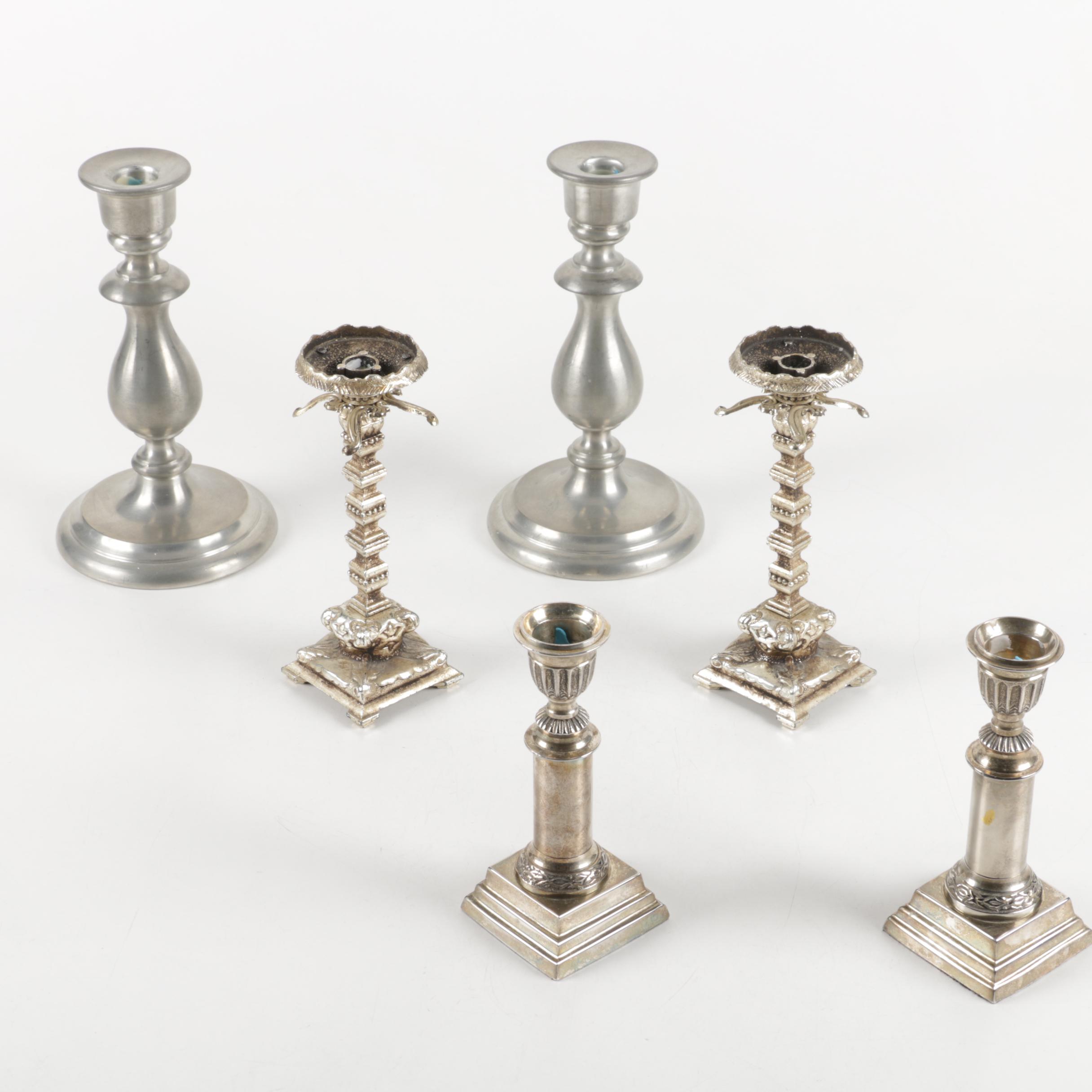 Silver Plate Candlesticks and Other Candlesticks Featuring Nantucket Pewter